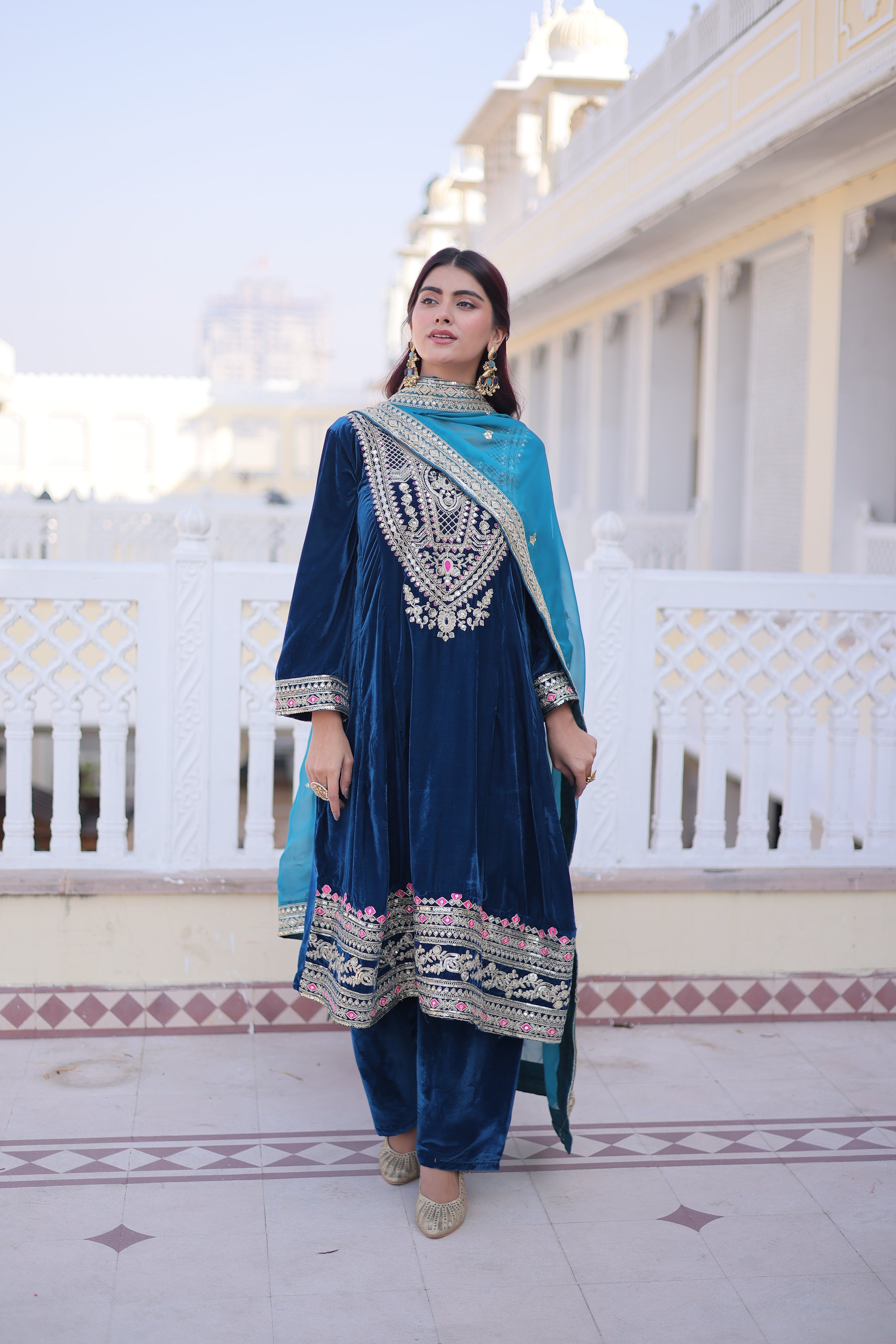 Arusha teal blue velvet kurti set with sequins zari coding thread embroidery