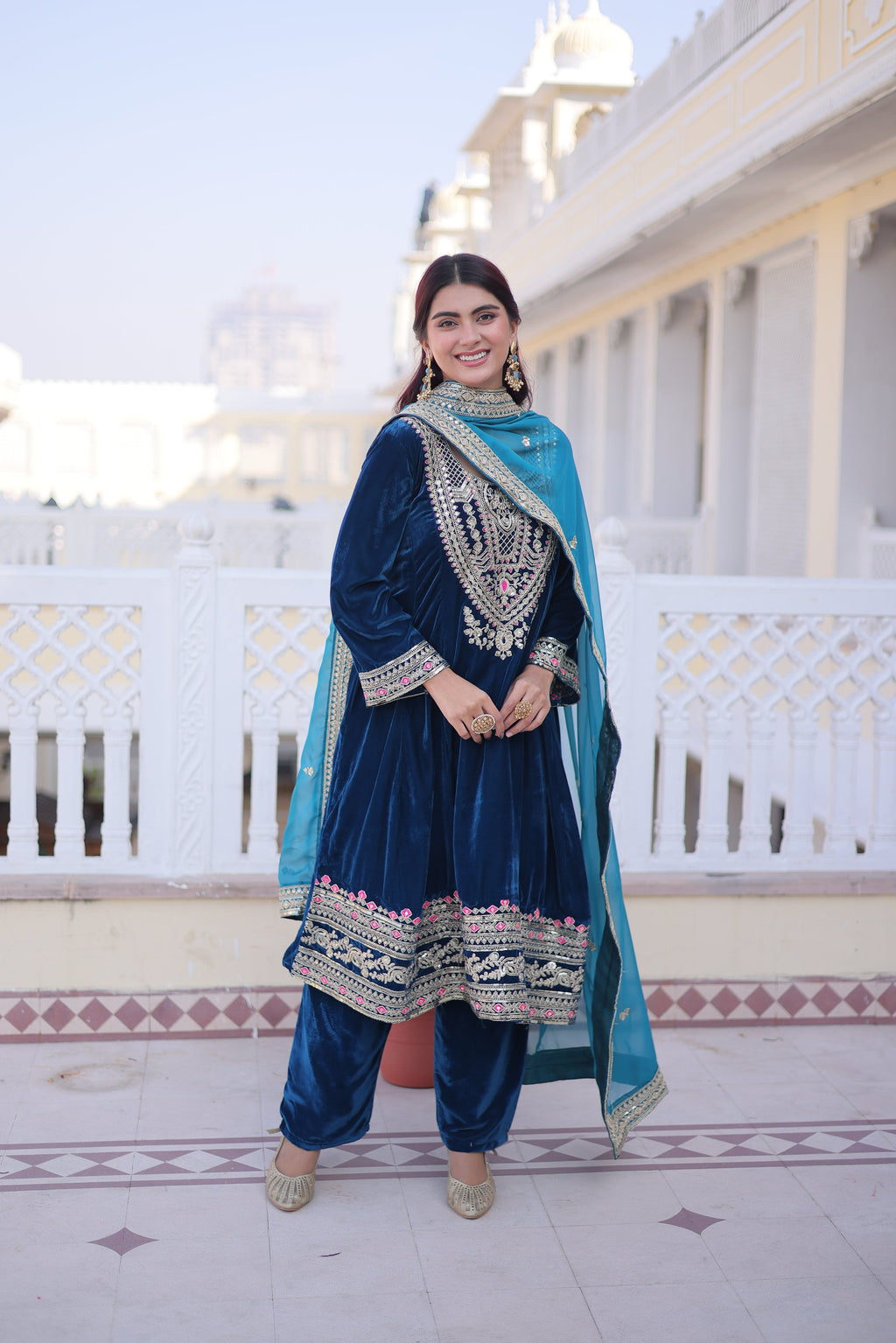 Arusha teal blue velvet kurti set with sequins zari coding thread embroidery