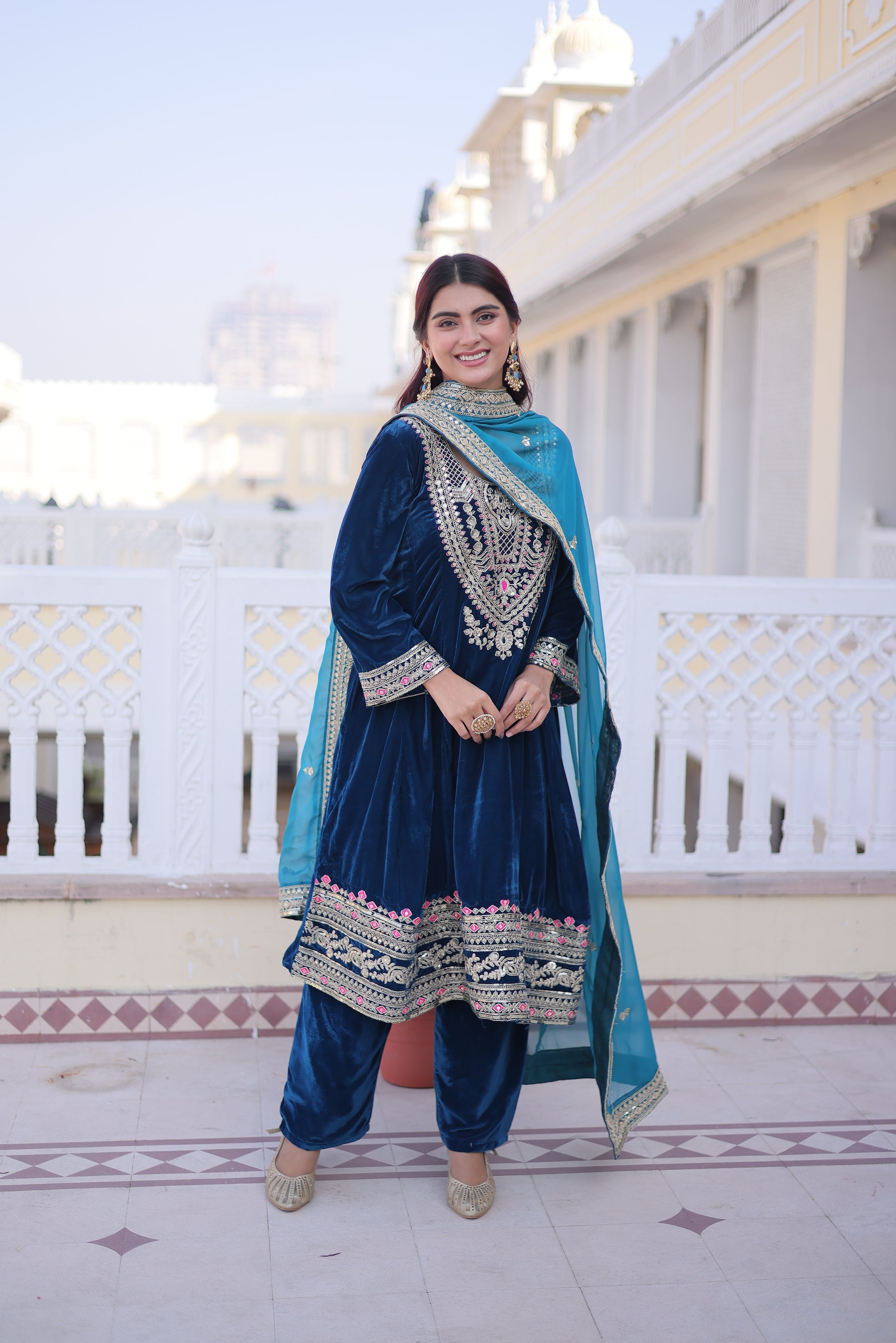 Arusha teal blue velvet kurti set with sequins zari coding thread embroidery