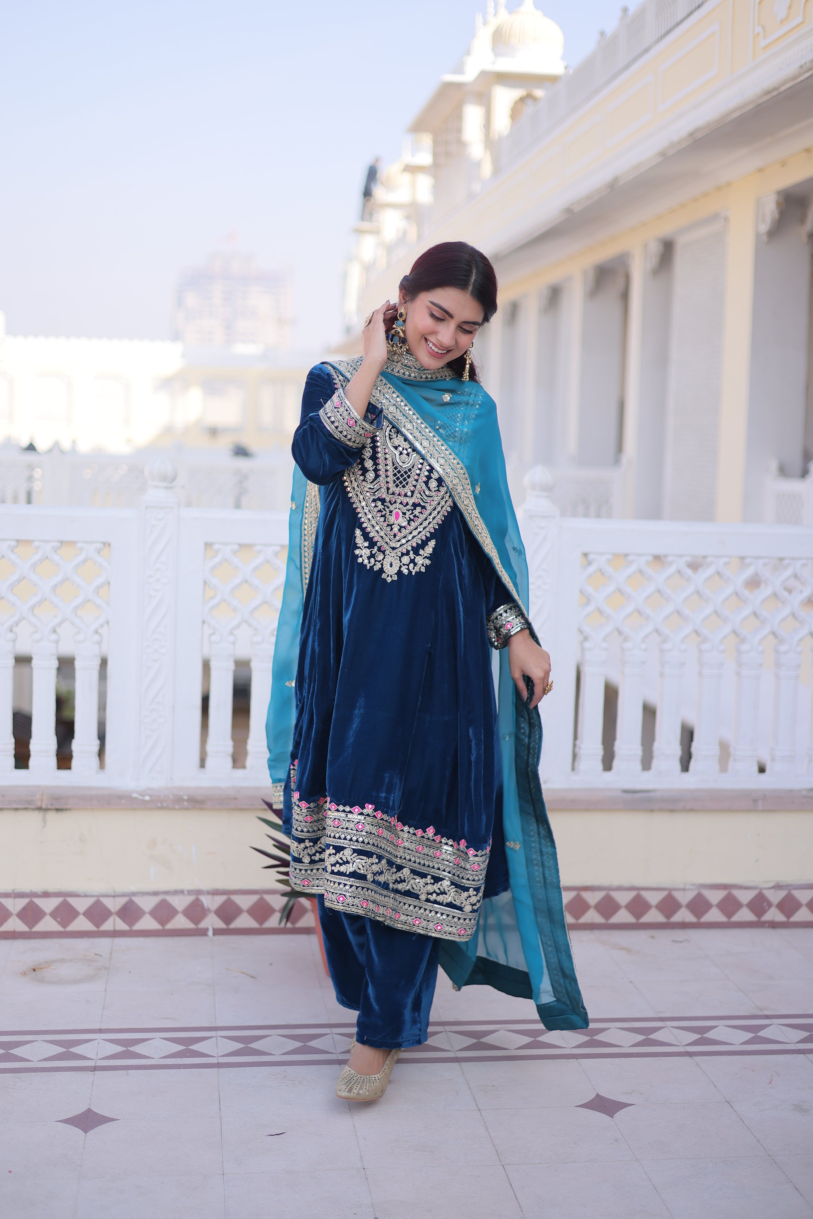 Arusha teal blue velvet kurti set with sequins zari coding thread embroidery