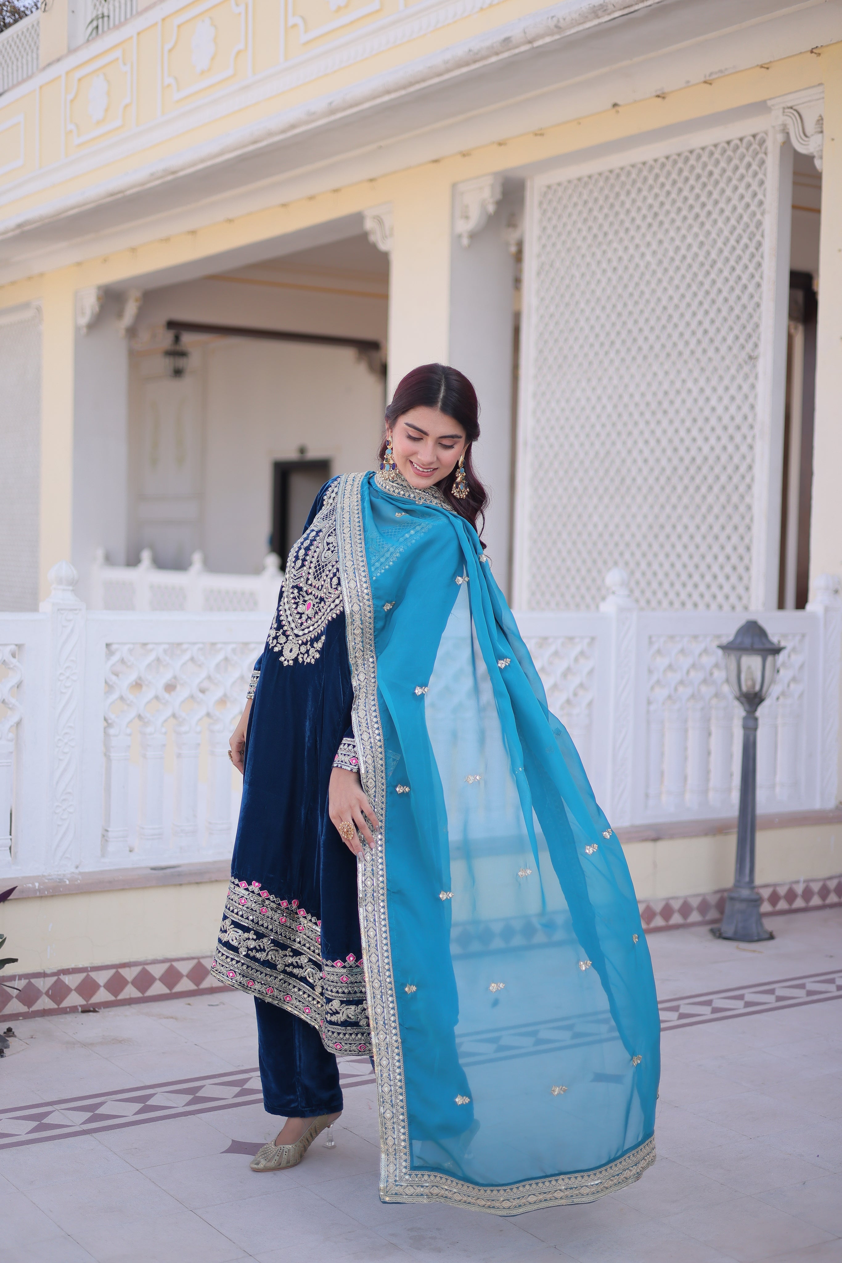 Arusha teal blue velvet kurti set with sequins zari coding thread embroidery
