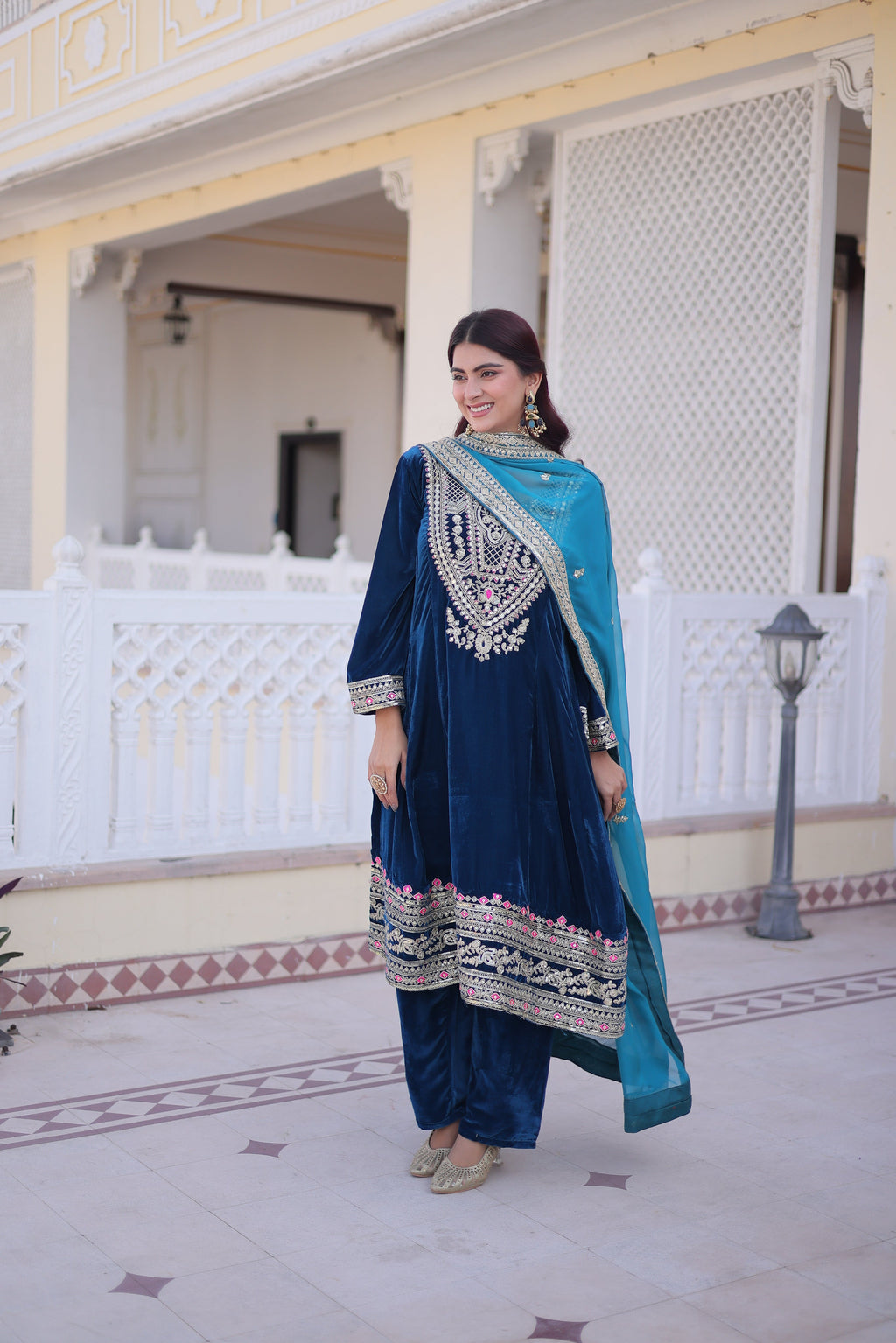 Arusha teal blue velvet kurti set with sequins zari coding thread embroidery