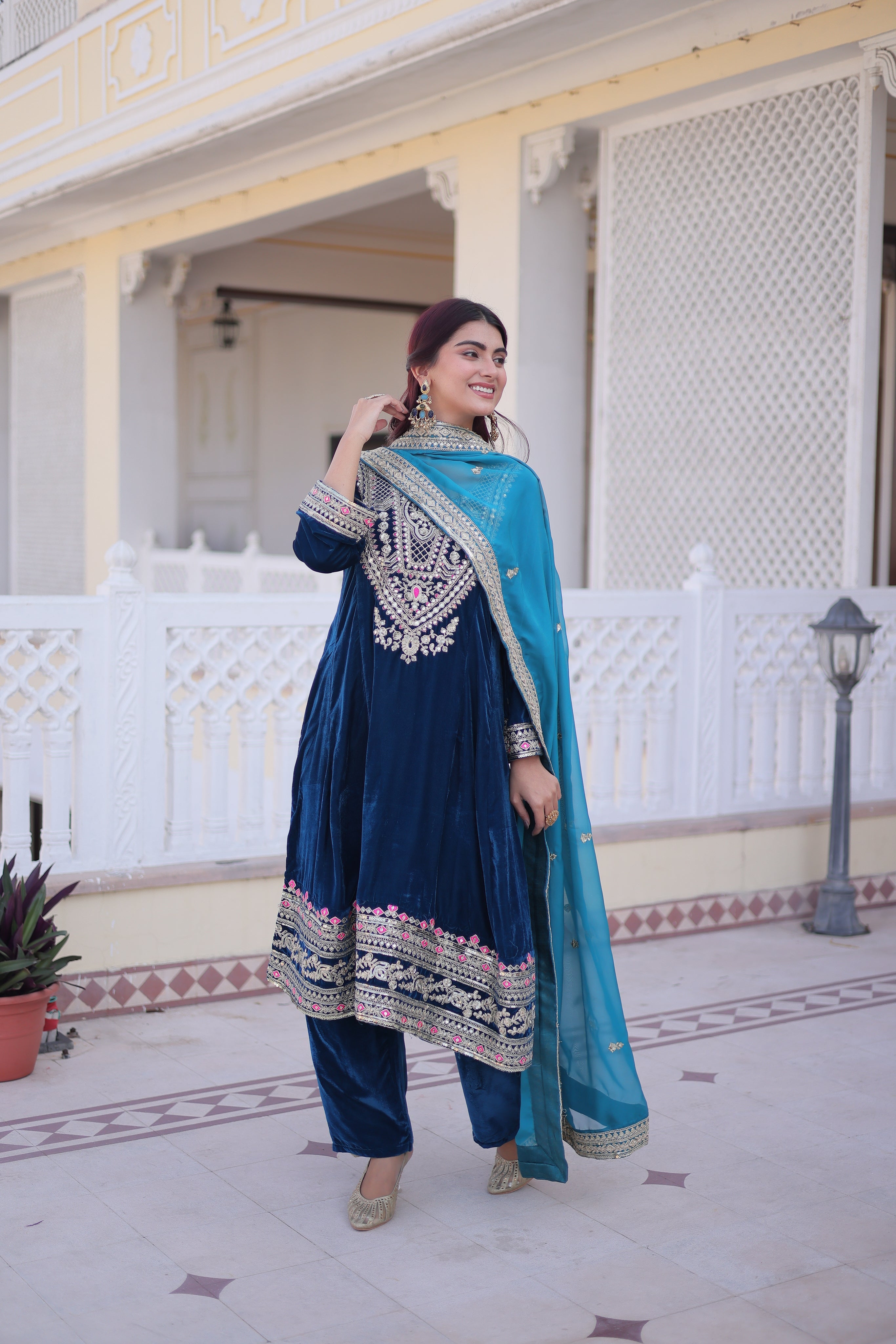 Arusha teal blue velvet kurti set with sequins zari coding thread embroidery