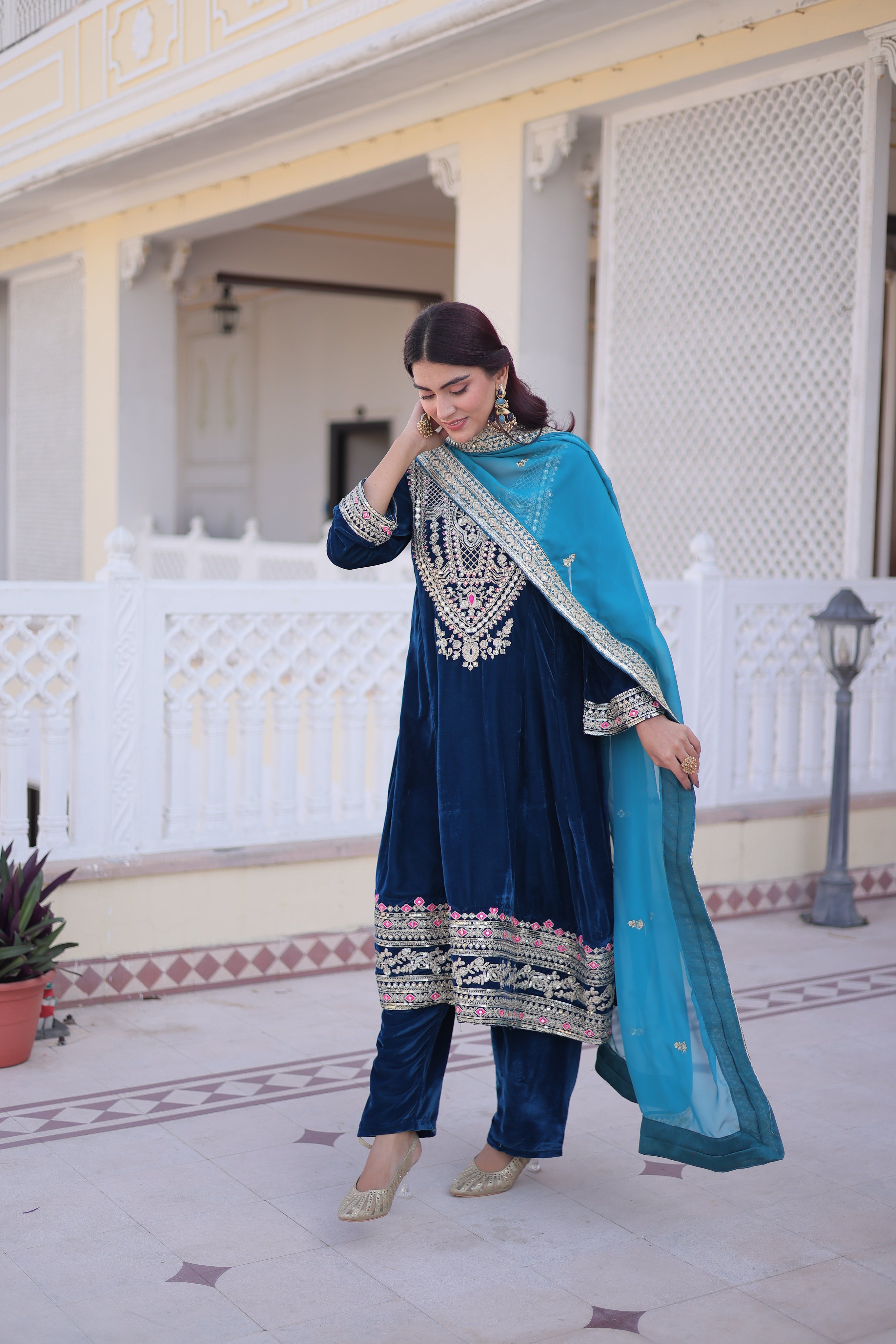 Arusha teal blue velvet kurti set with sequins zari coding thread embroidery