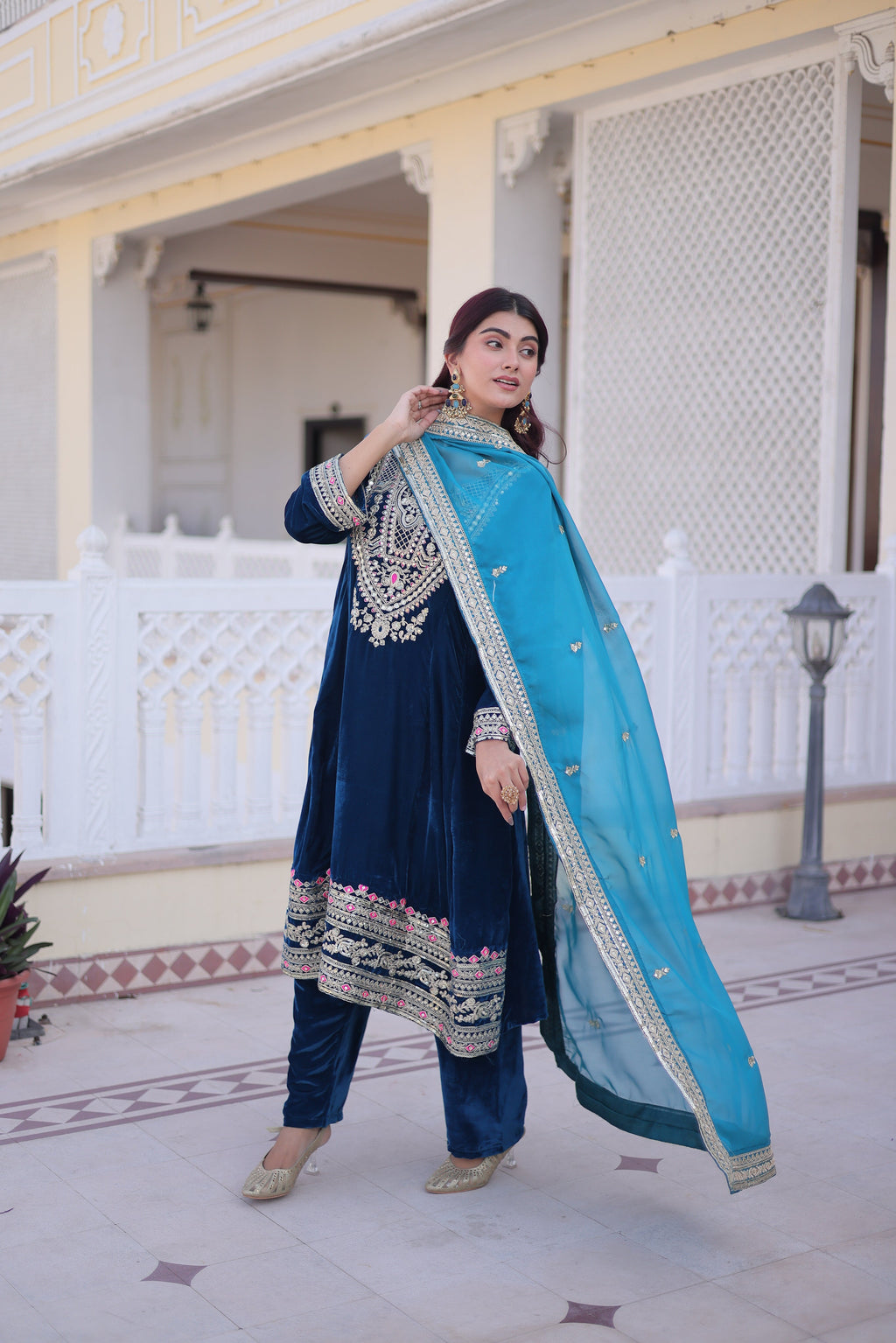 Arusha teal blue velvet kurti set with sequins zari coding thread embroidery