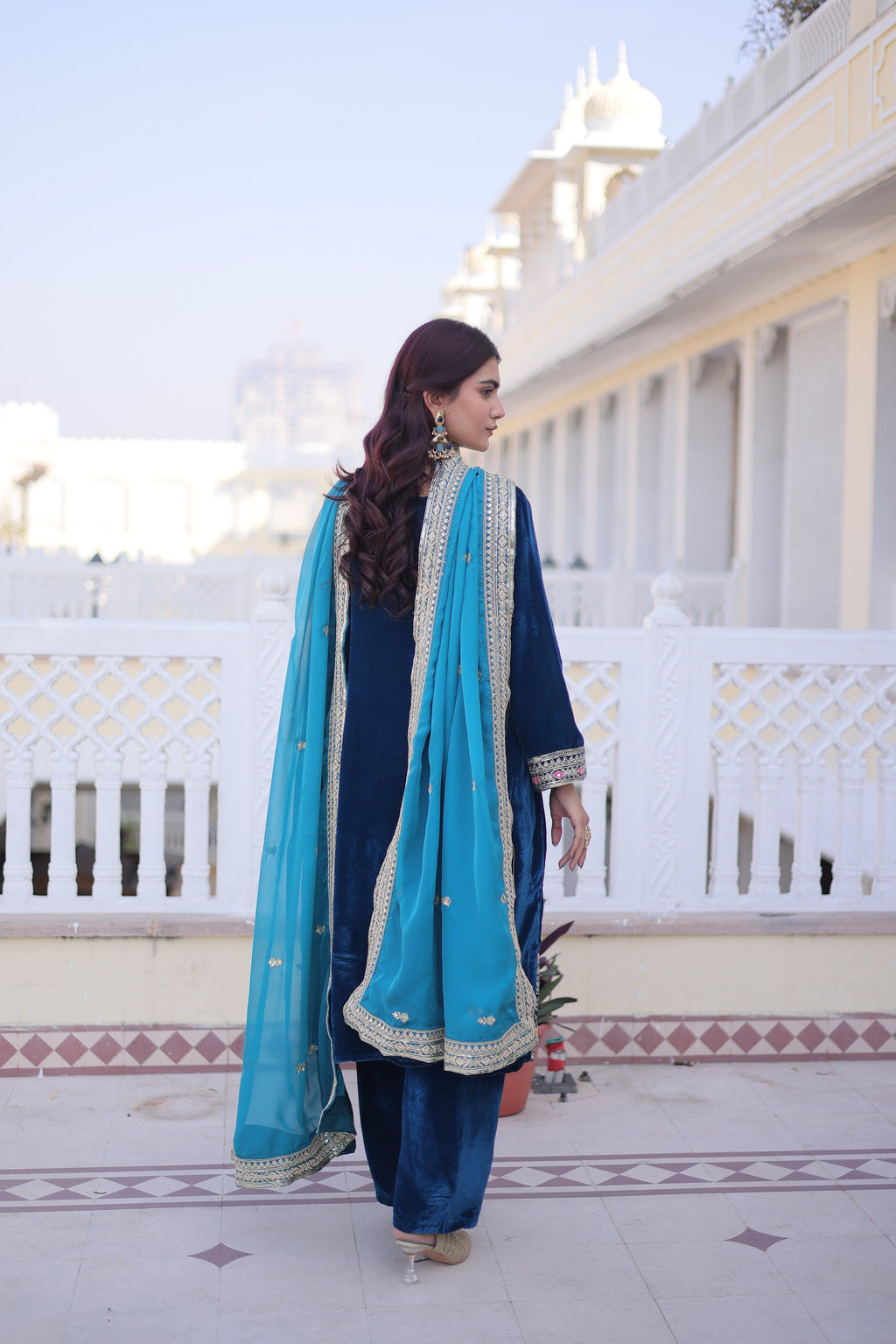 Arusha teal blue velvet kurti set with sequins zari coding thread embroidery