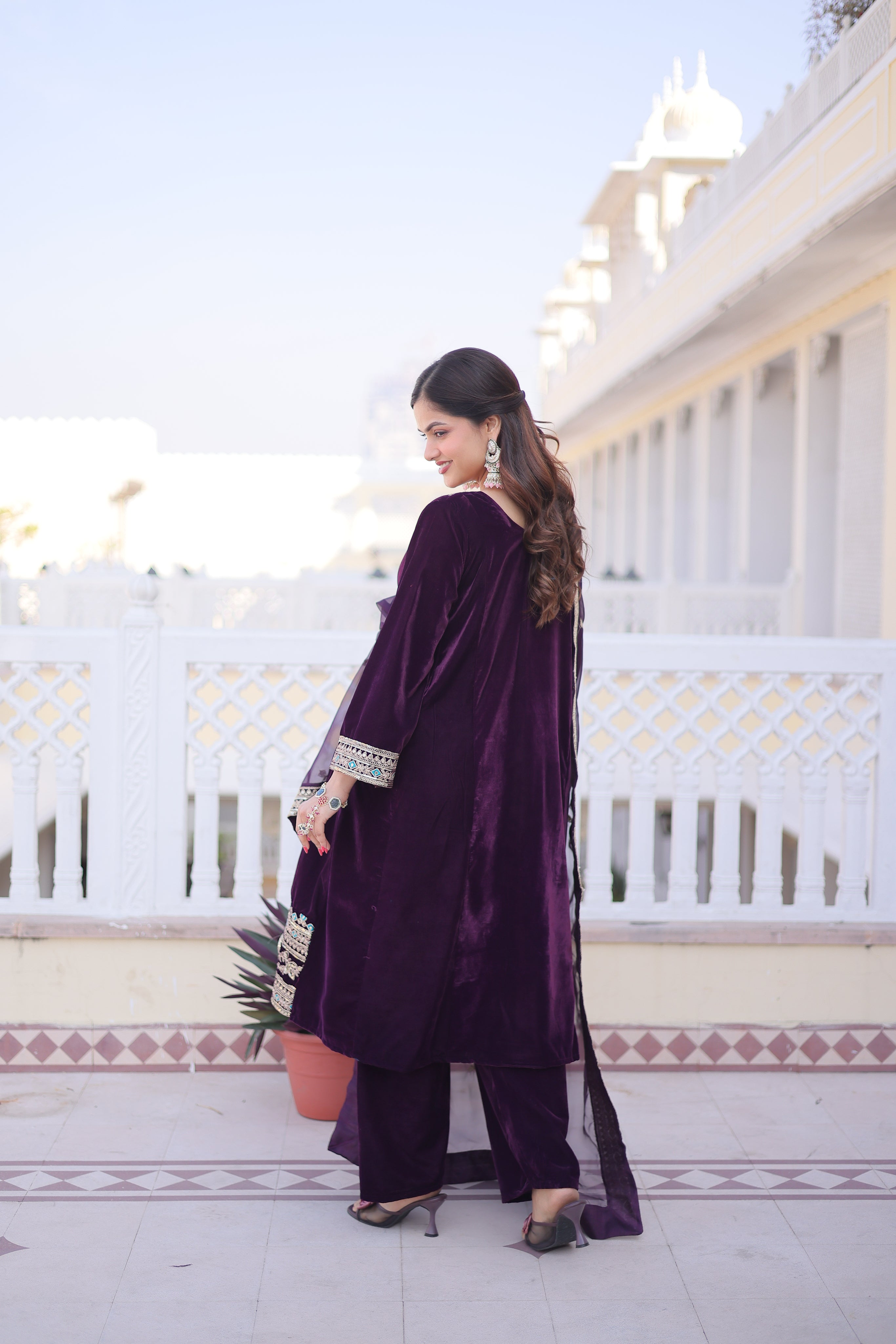 Arusha wine velvet kurti set with sequins zari coding thread embroidery