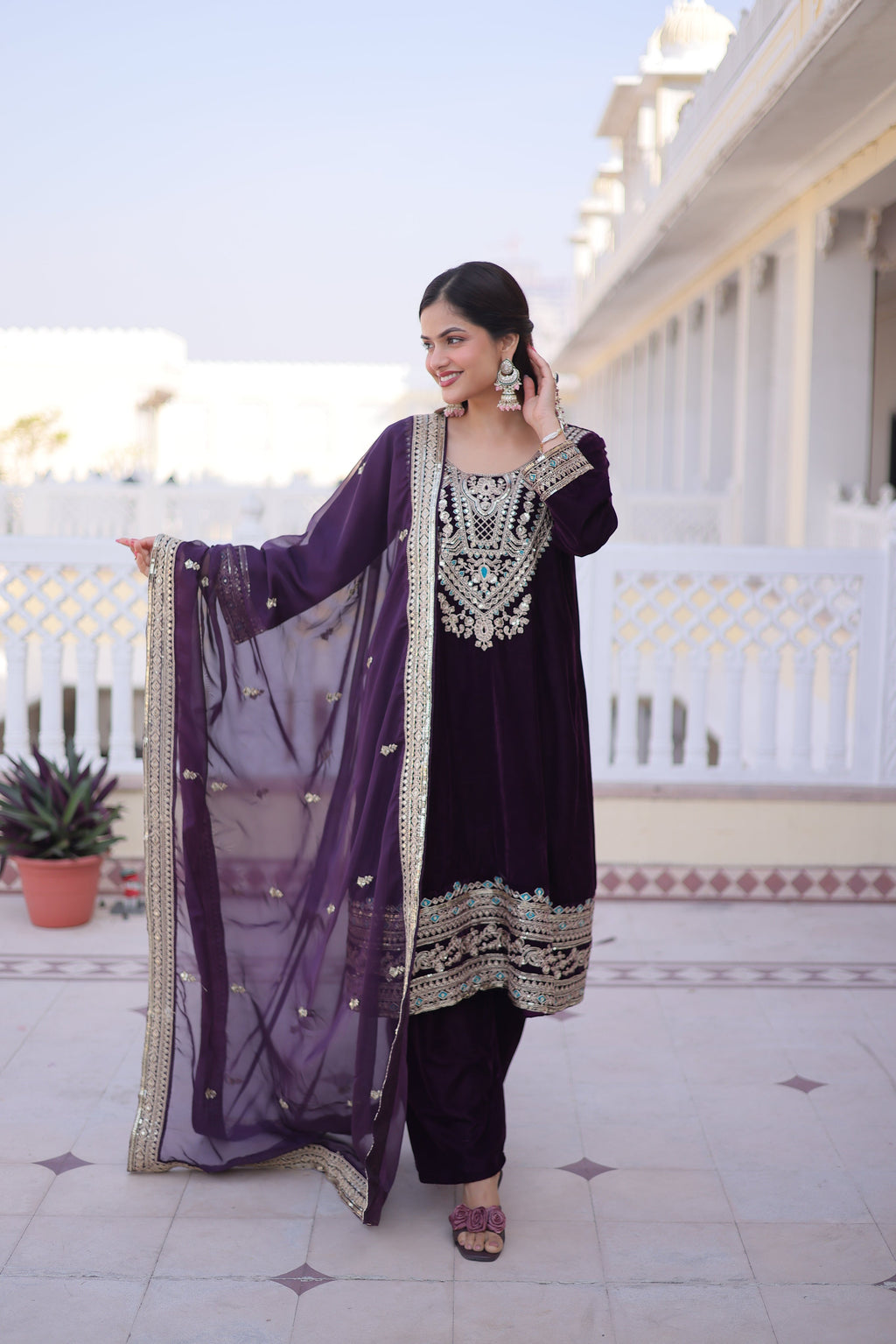 Arusha wine velvet kurti set with sequins zari coding thread embroidery