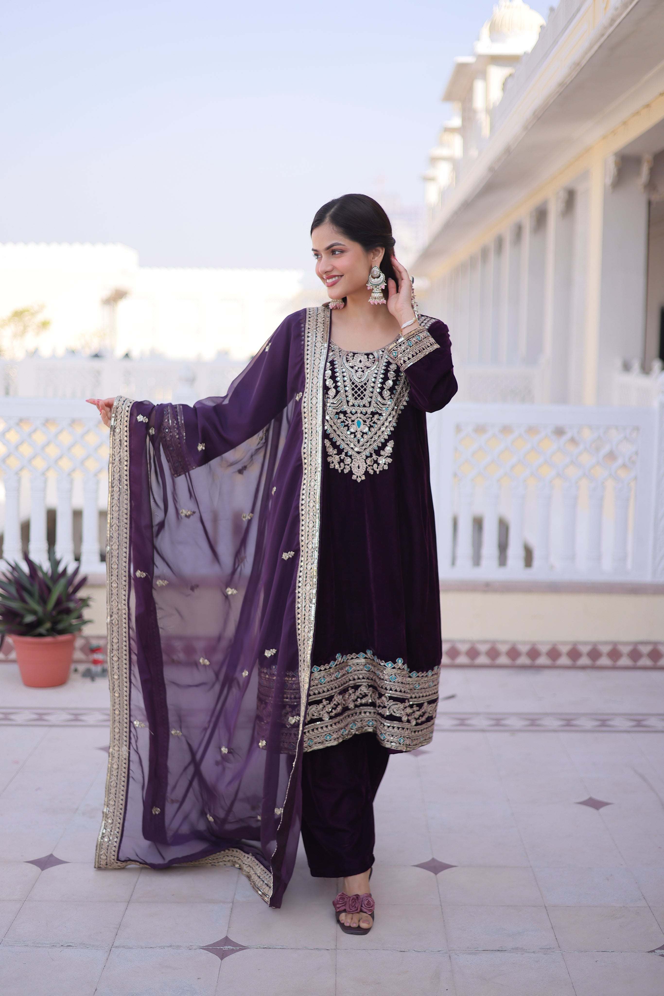 Arusha wine velvet kurti set with sequins zari coding thread embroidery