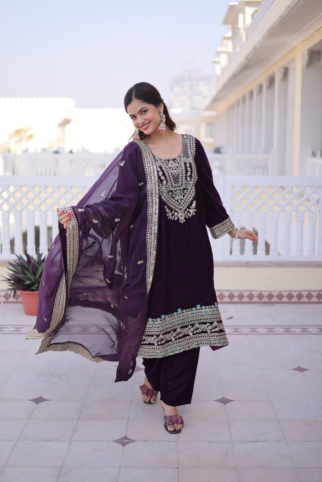 Arusha wine velvet kurti set with sequins zari coding thread embroidery