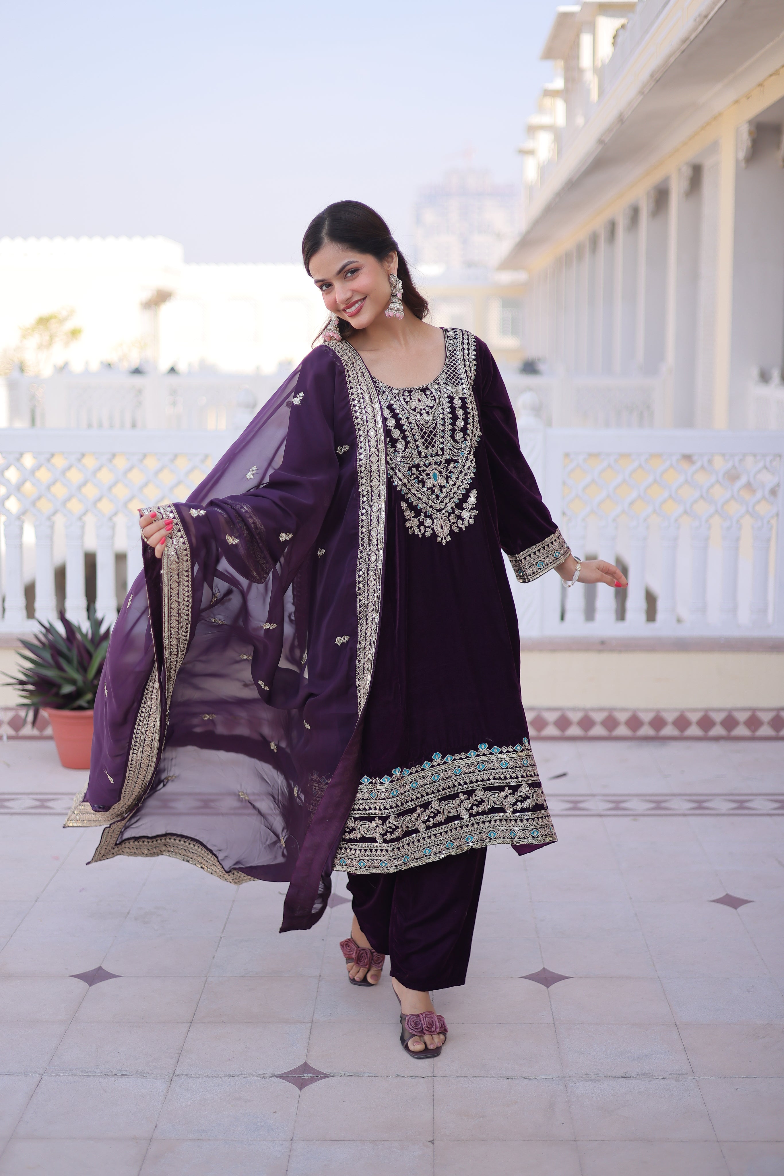 Arusha wine velvet kurti set with sequins zari coding thread embroidery