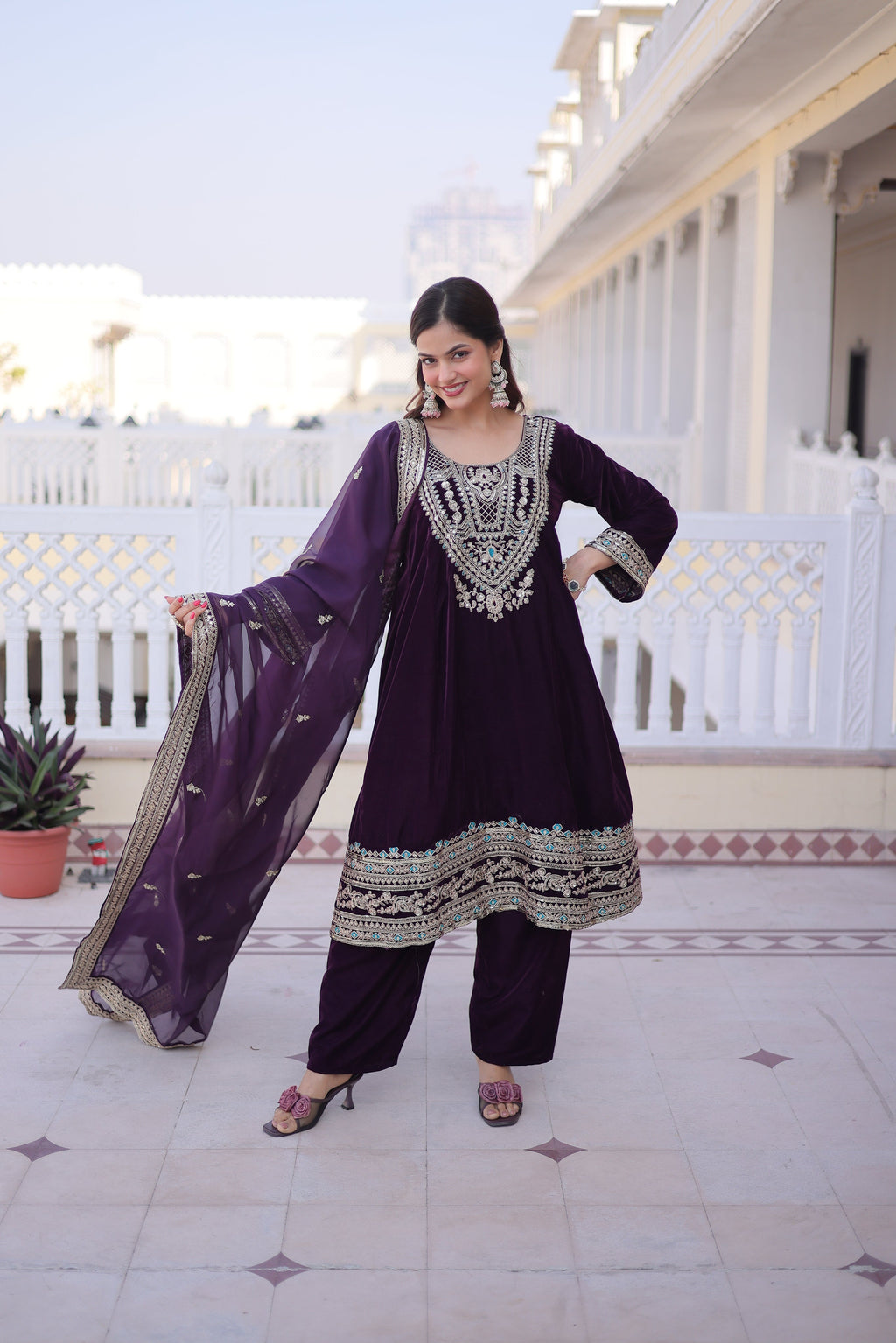 Arusha wine velvet kurti set with sequins zari coding thread embroidery
