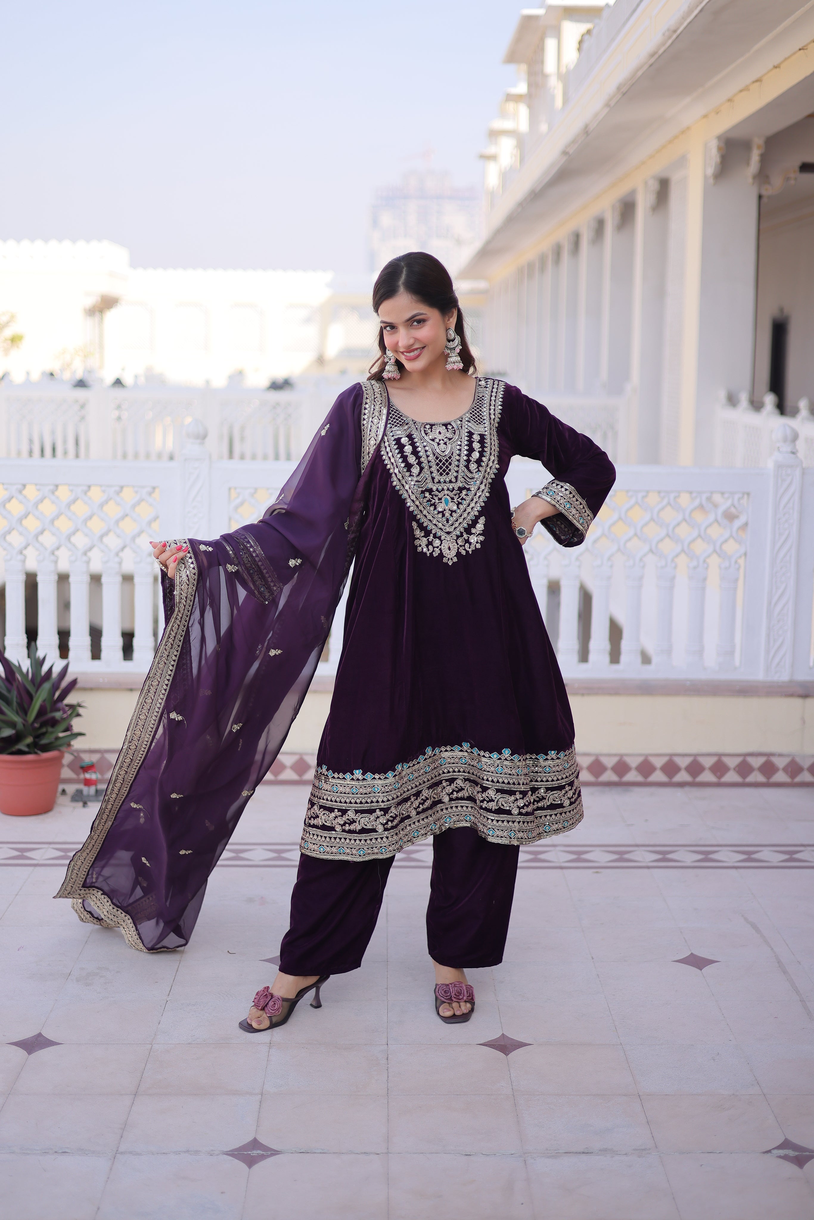 Arusha wine velvet kurti set with sequins zari coding thread embroidery