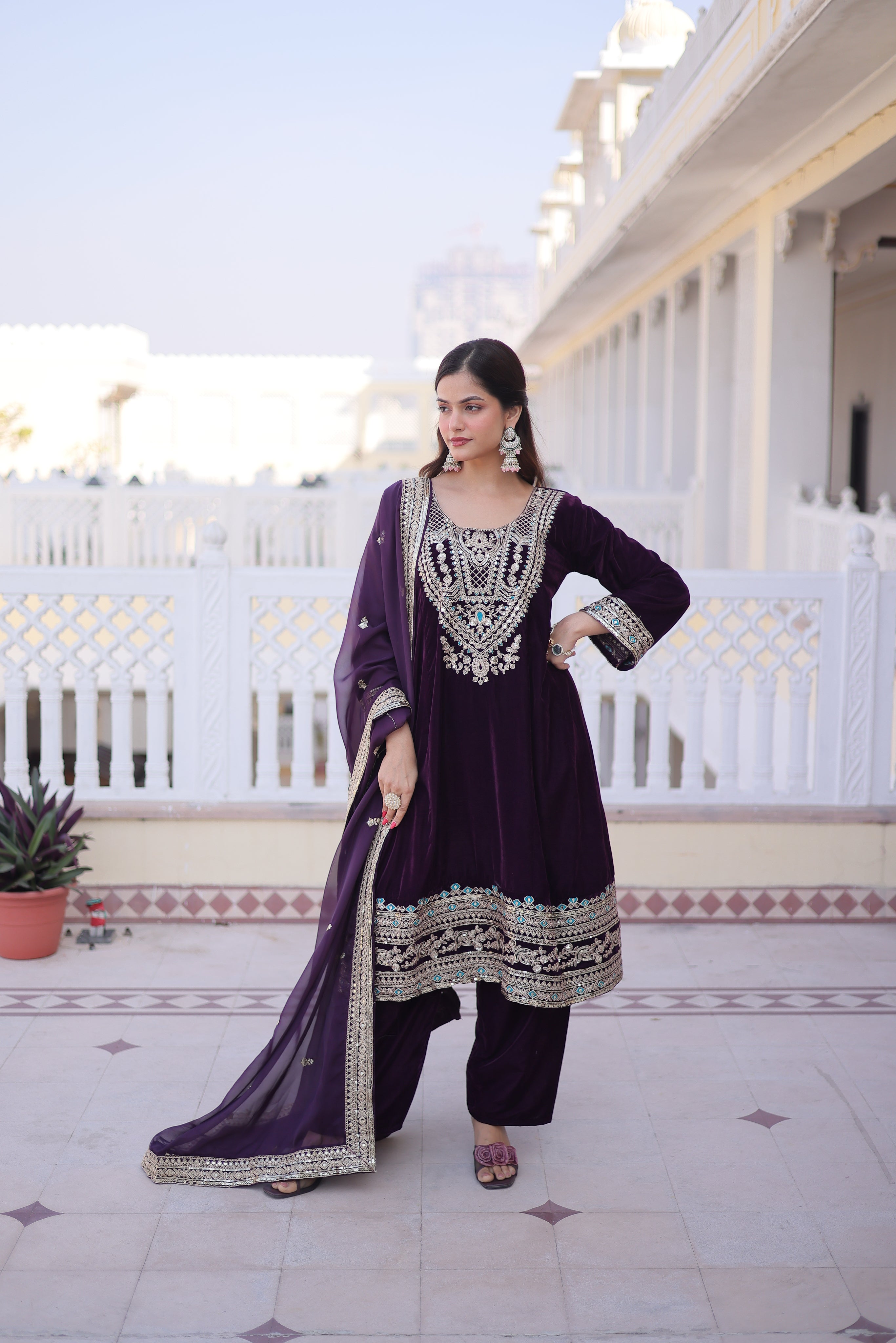 Arusha wine velvet kurti set with sequins zari coding thread embroidery