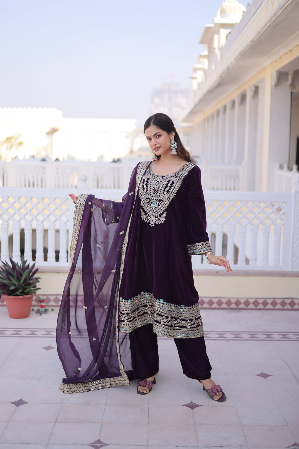 Arusha wine velvet kurti set with sequins zari coding thread embroidery