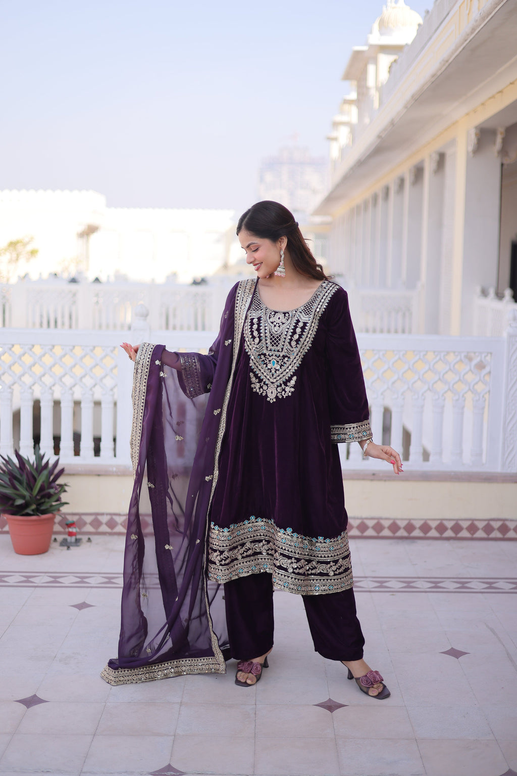Arusha wine velvet kurti set with sequins zari coding thread embroidery