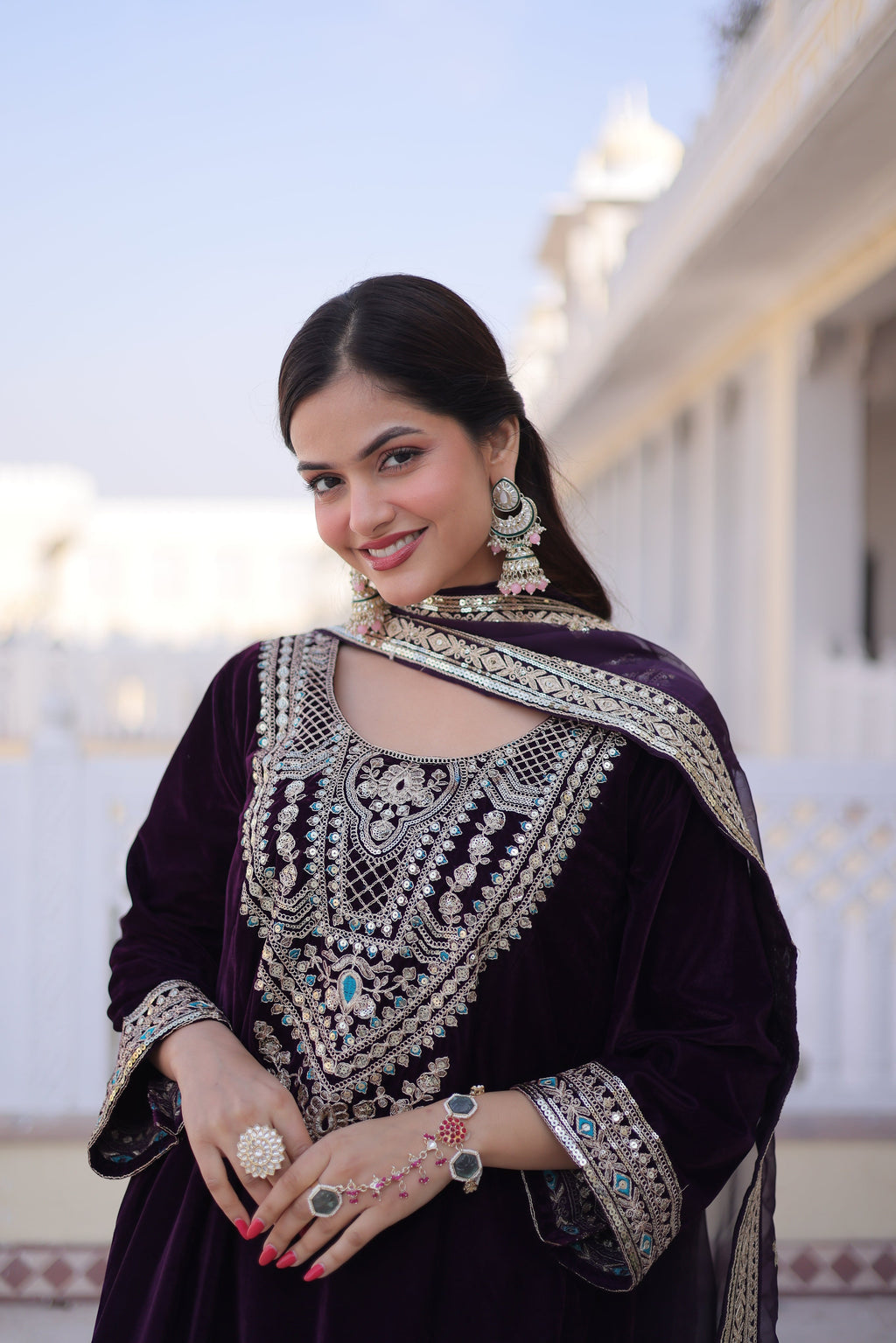 Arusha wine velvet kurti set with sequins zari coding thread embroidery
