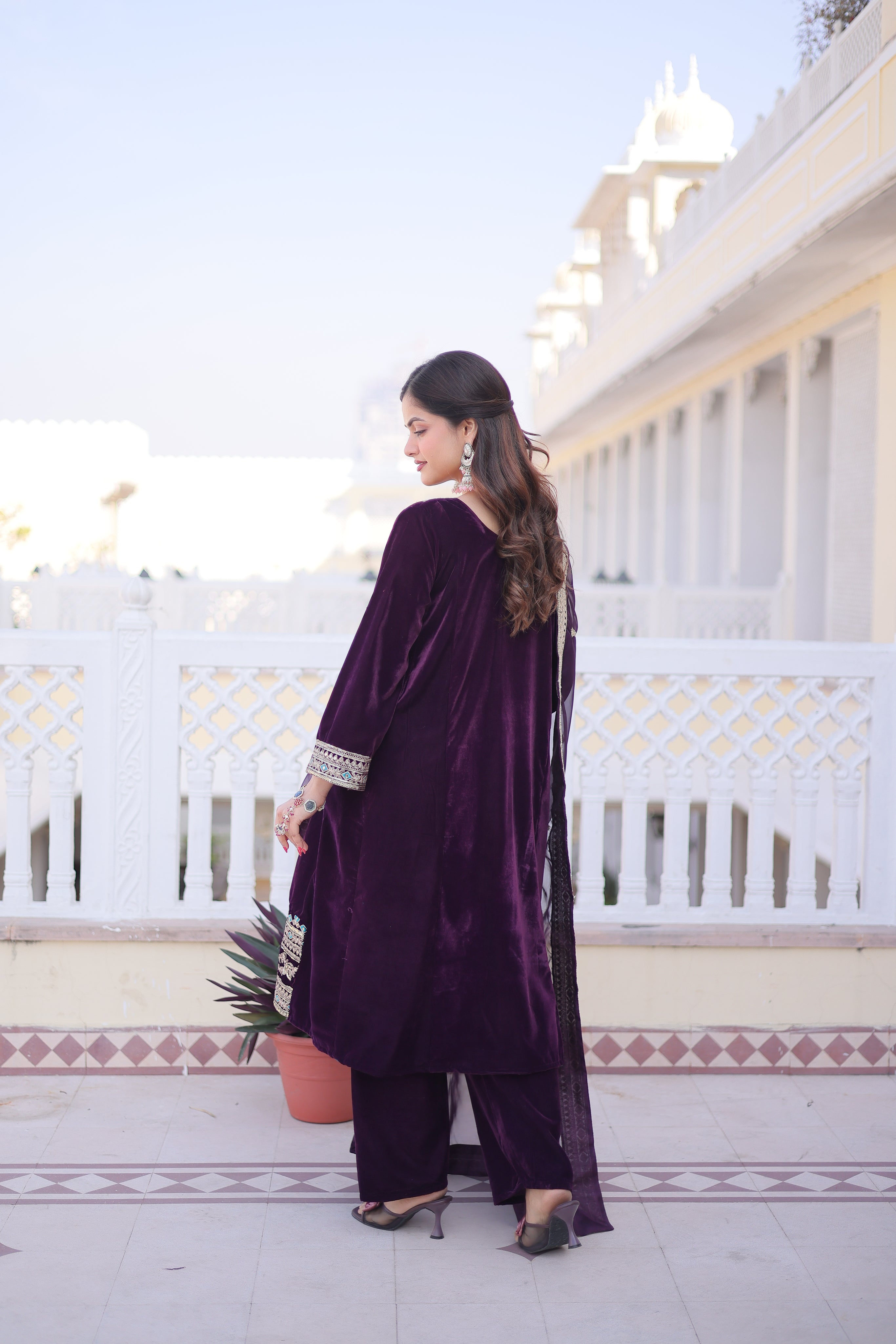 Arusha wine velvet kurti set with sequins zari coding thread embroidery