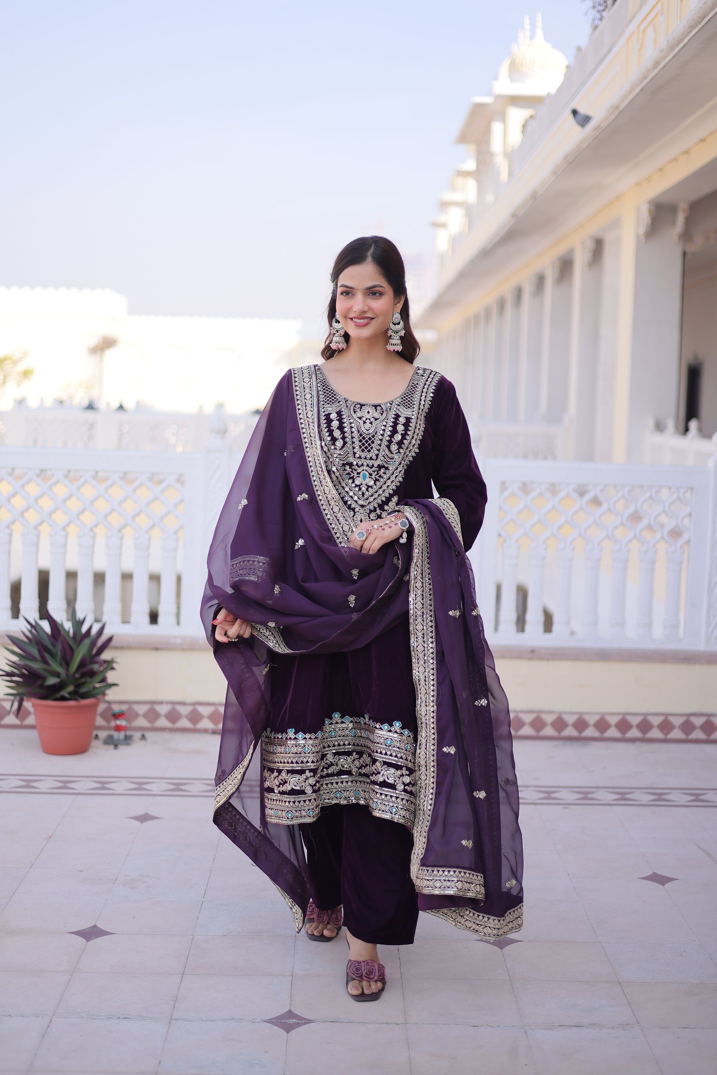 Arusha wine velvet kurti set with sequins zari coding thread embroidery