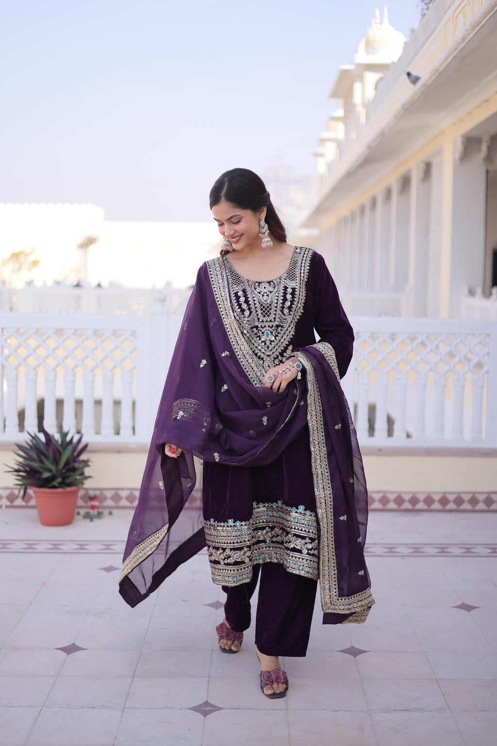 Arusha wine velvet kurti set with sequins zari coding thread embroidery