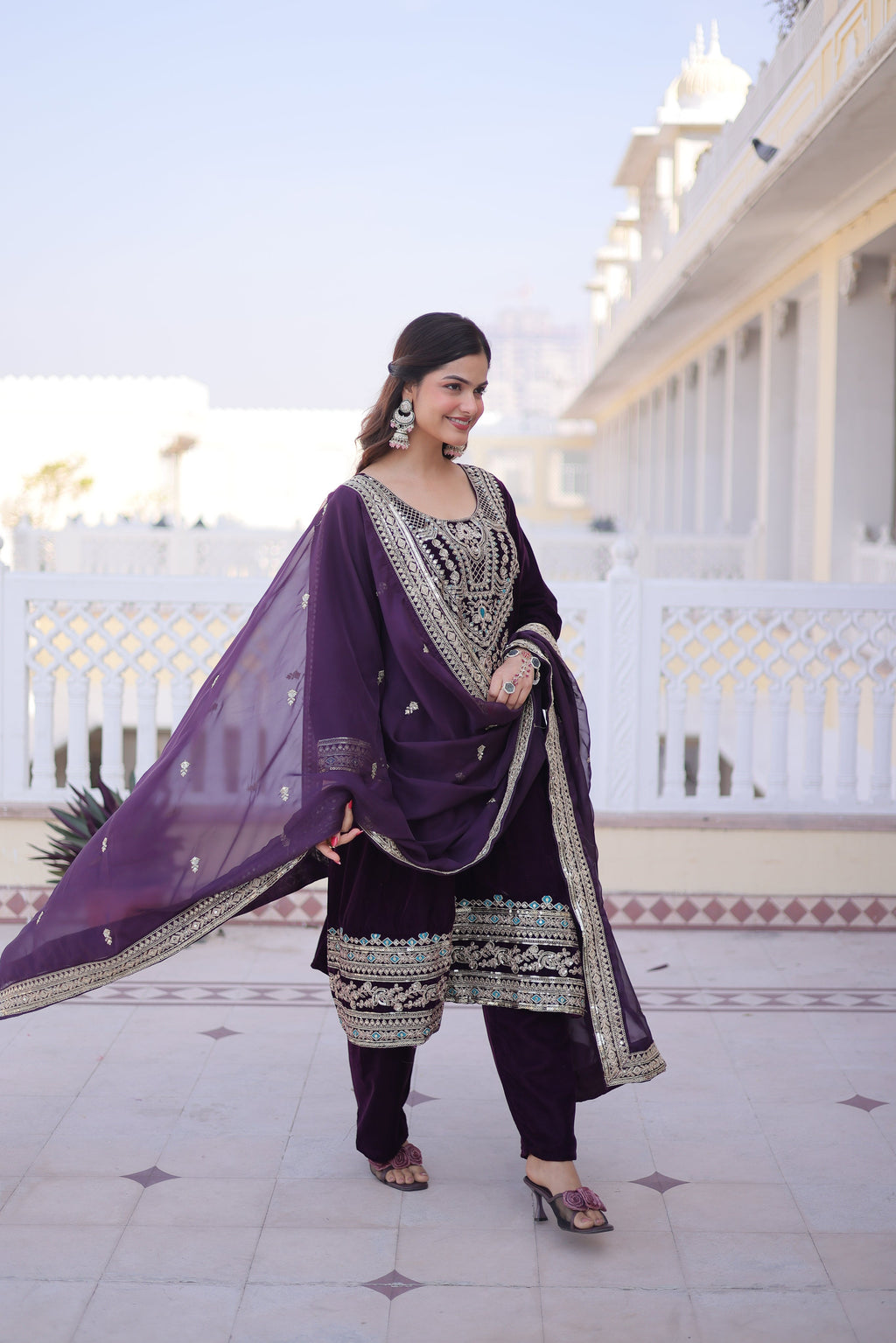 Arusha wine velvet kurti set with sequins zari coding thread embroidery