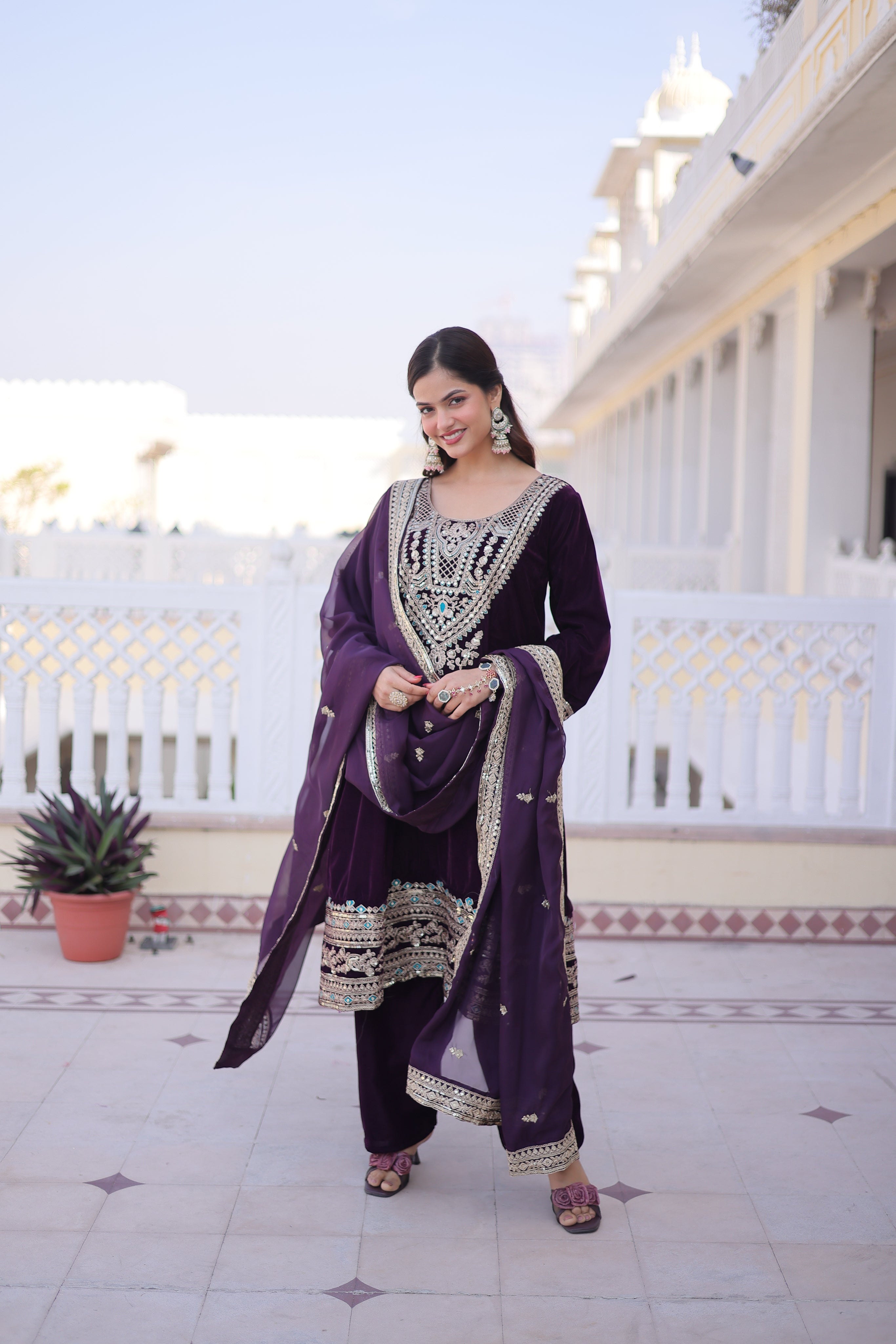 Arusha wine velvet kurti set with sequins zari coding thread embroidery