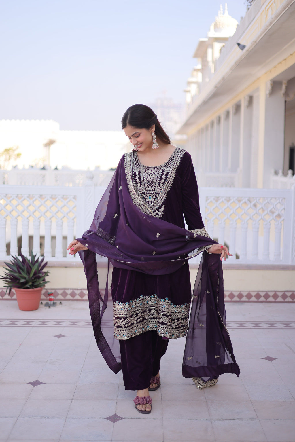Arusha wine velvet kurti set with sequins zari coding thread embroidery