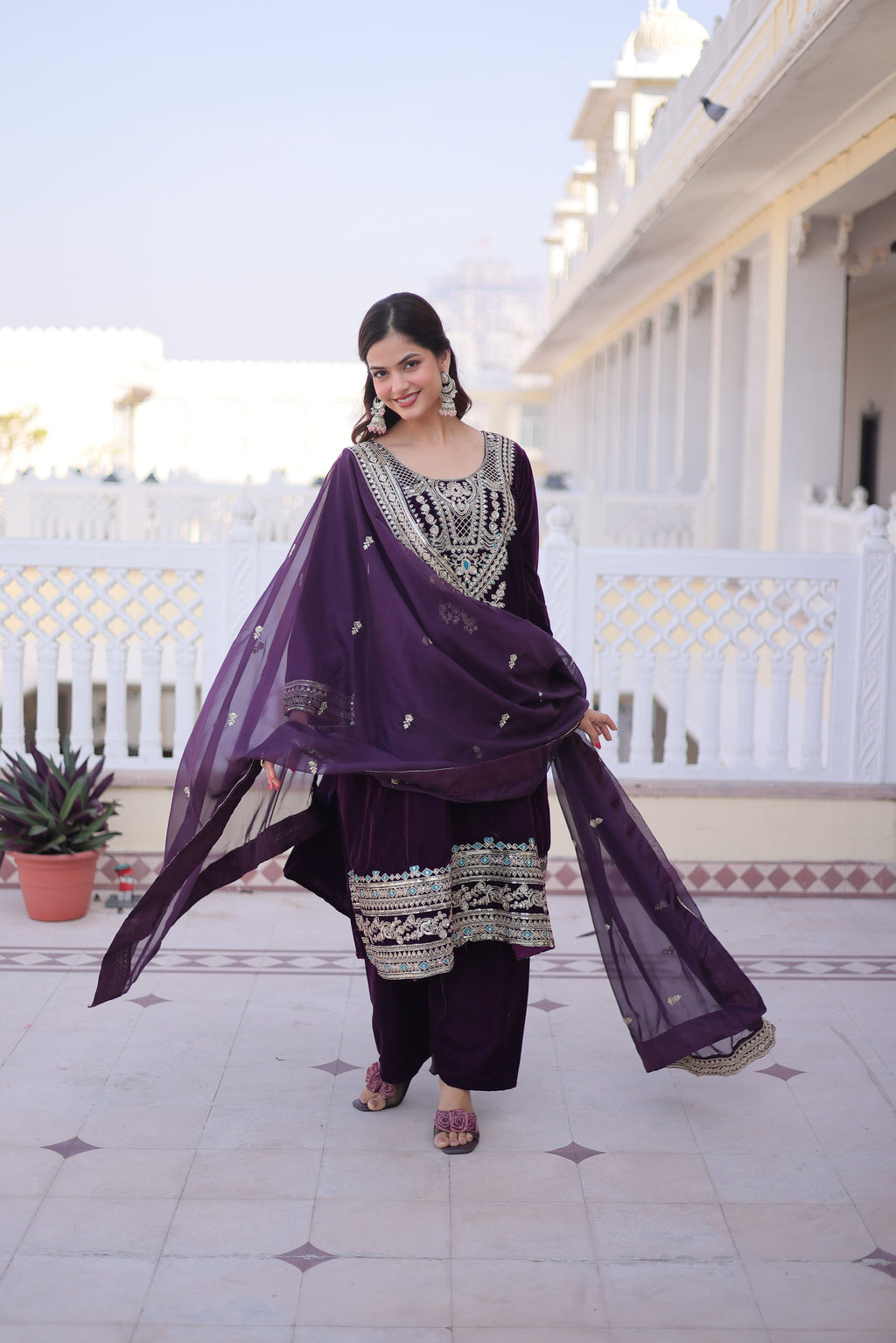 Arusha wine velvet kurti set with sequins zari coding thread embroidery
