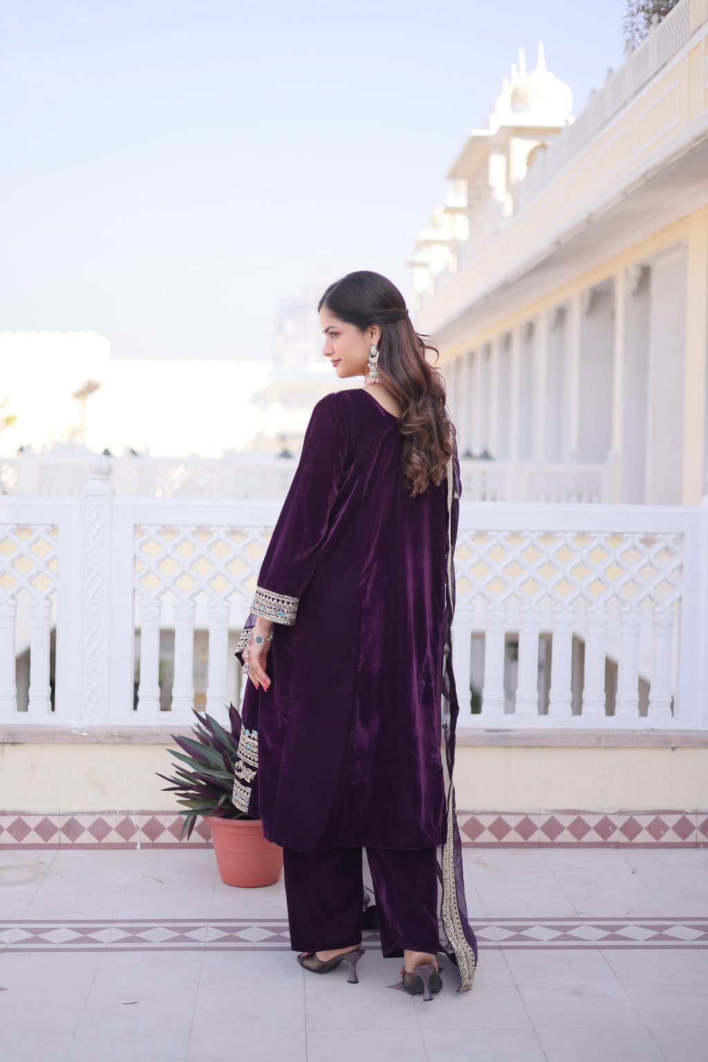 Arusha wine velvet kurti set with sequins zari coding thread embroidery