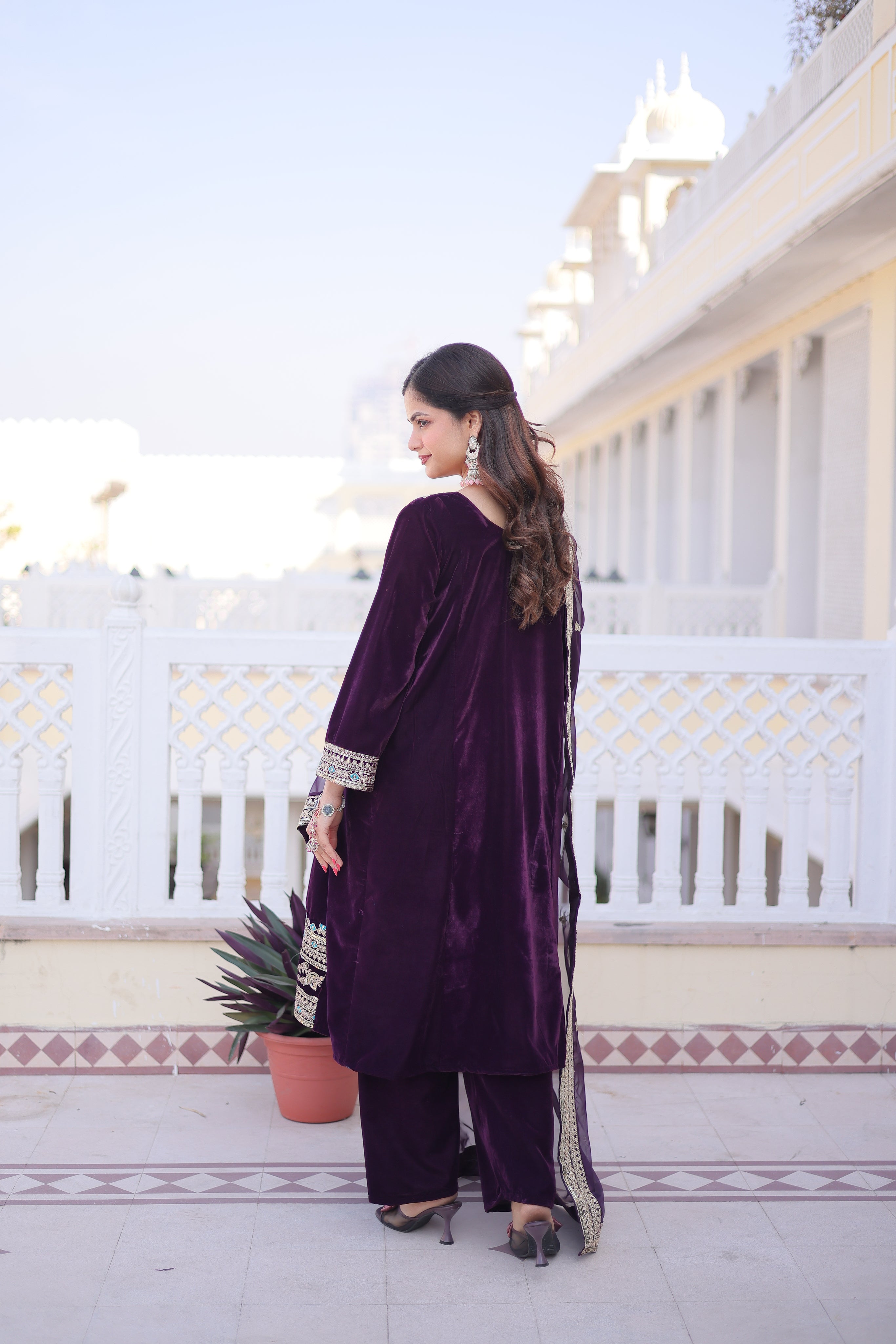 Arusha wine velvet kurti set with sequins zari coding thread embroidery