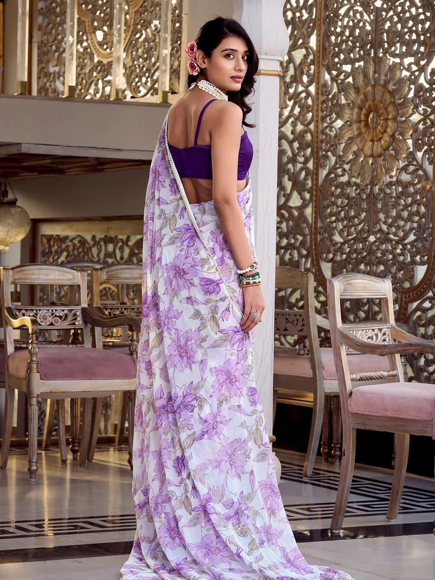 Lavender chiffon floral print pearl lace border saree with blouse