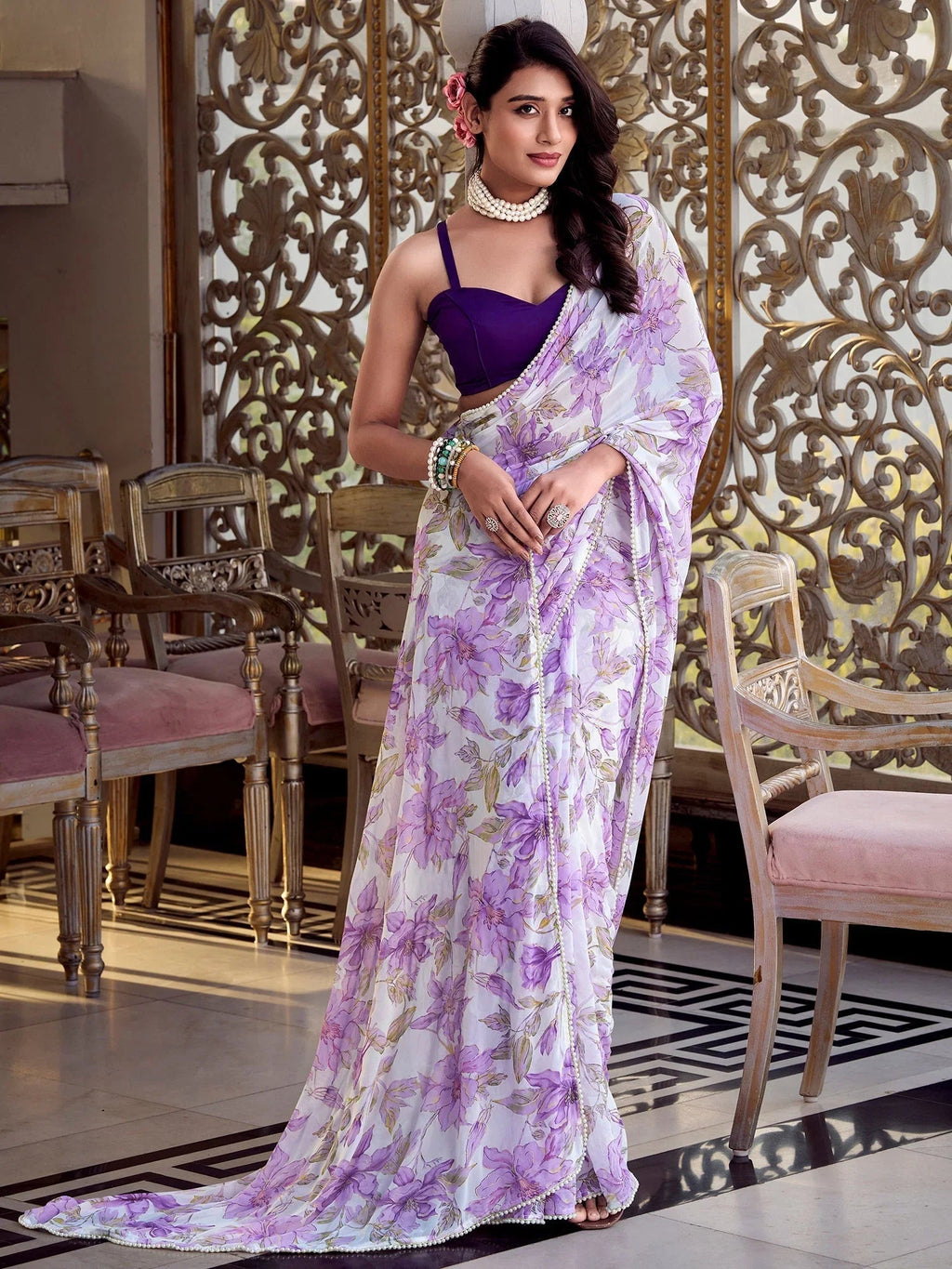Lavender chiffon floral print pearl lace border saree with blouse