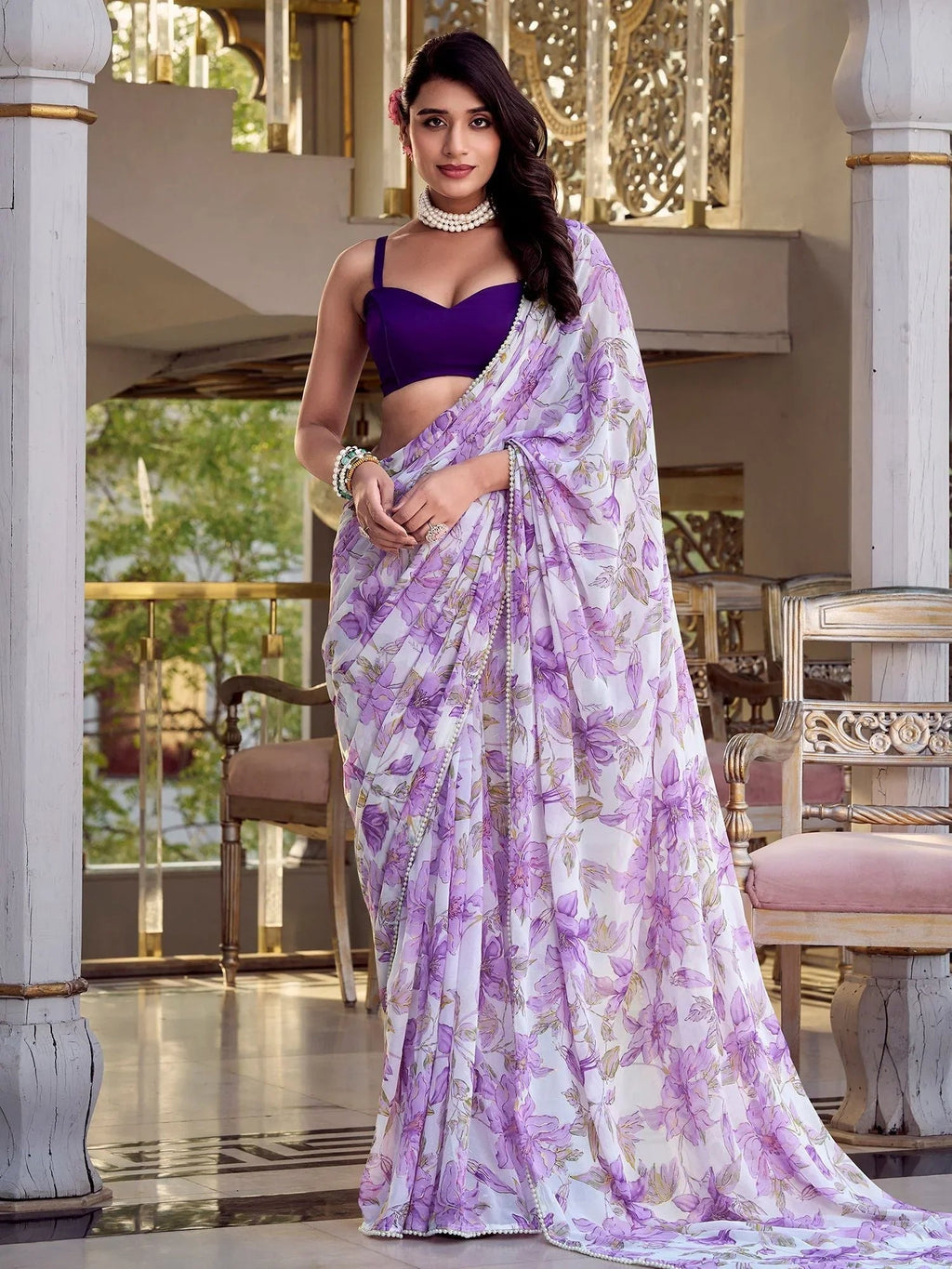 Lavender chiffon floral print pearl lace border saree with blouse