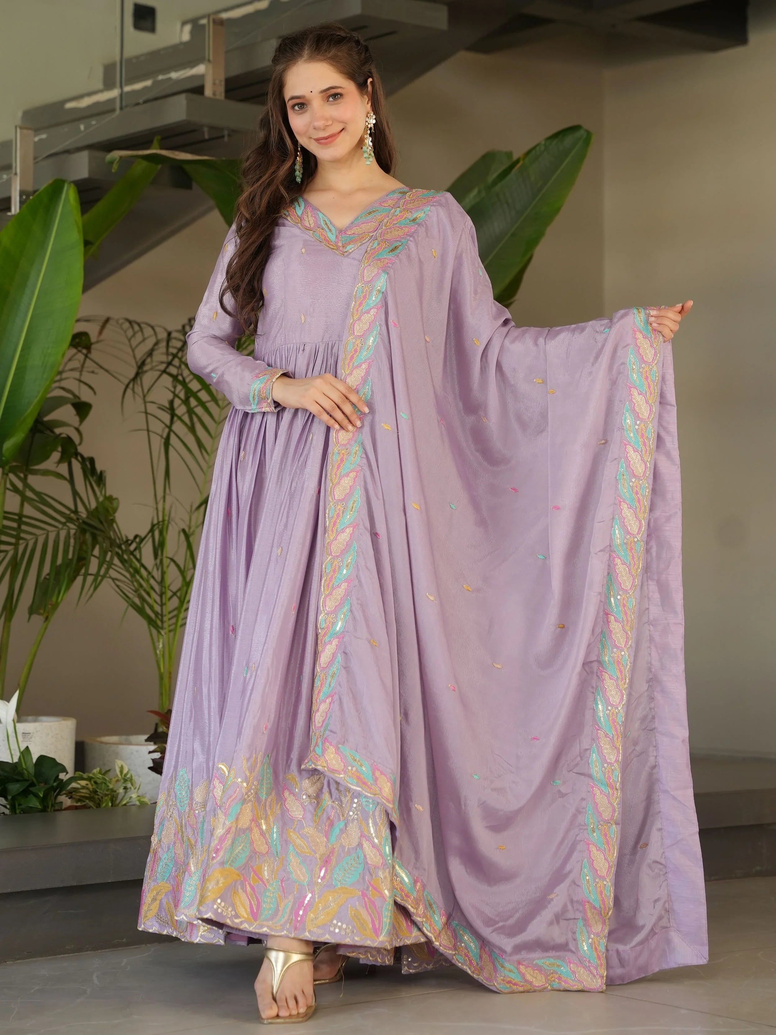 Lavender chinnon gown with sequins and multithread embroidery and dupatta