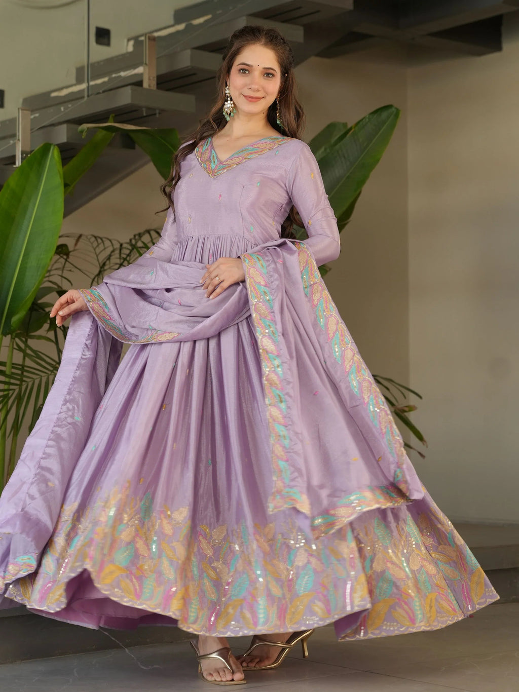 Lavender chinnon gown with sequins and multithread embroidery and dupatta