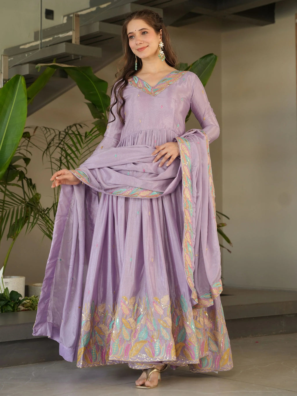 Lavender chinnon gown with sequins and multithread embroidery and dupatta