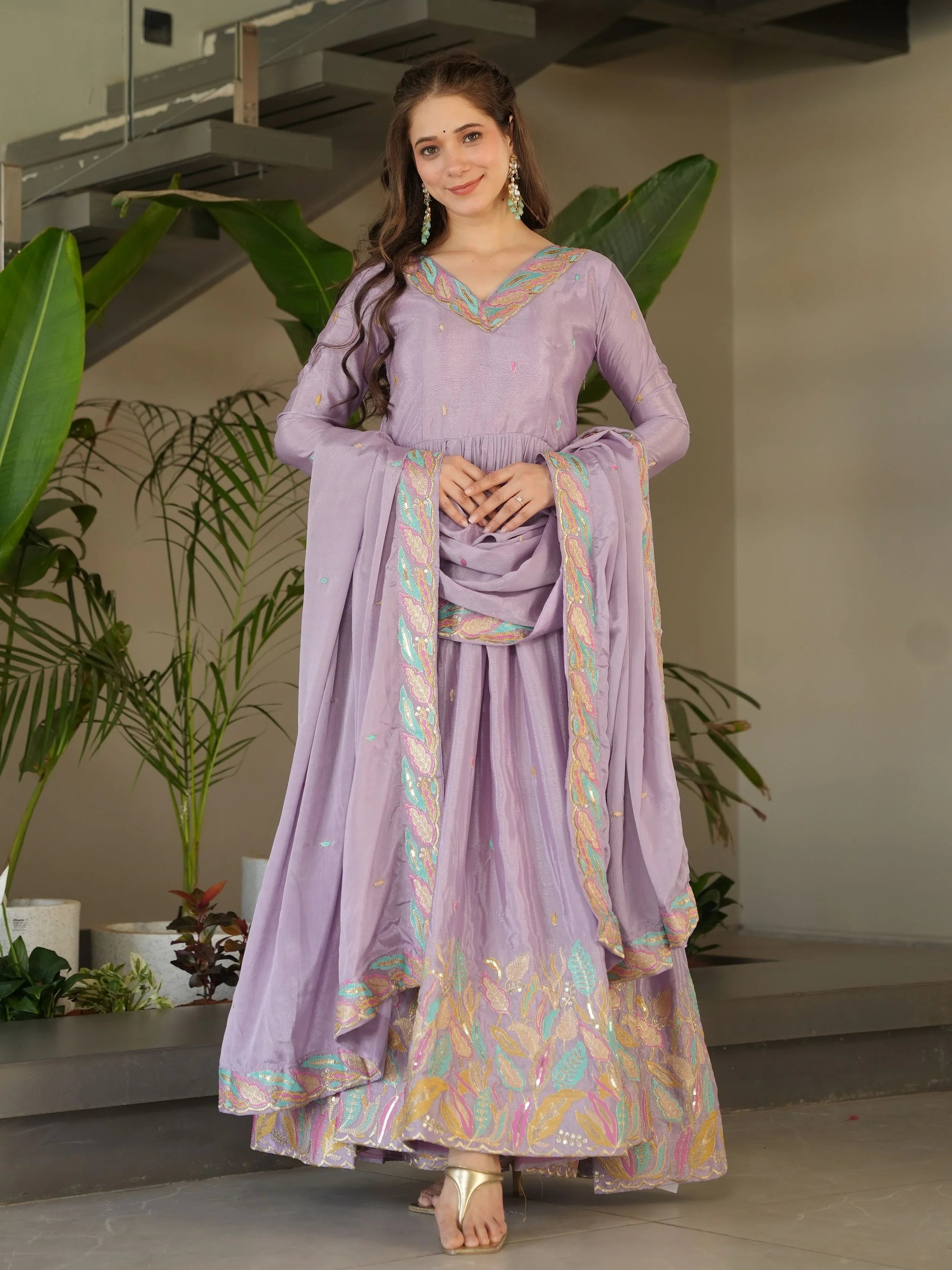 Lavender chinnon gown with sequins and multithread embroidery and dupatta