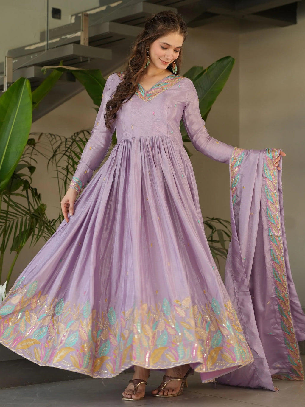 Lavender chinnon gown with sequins and multithread embroidery and dupatta