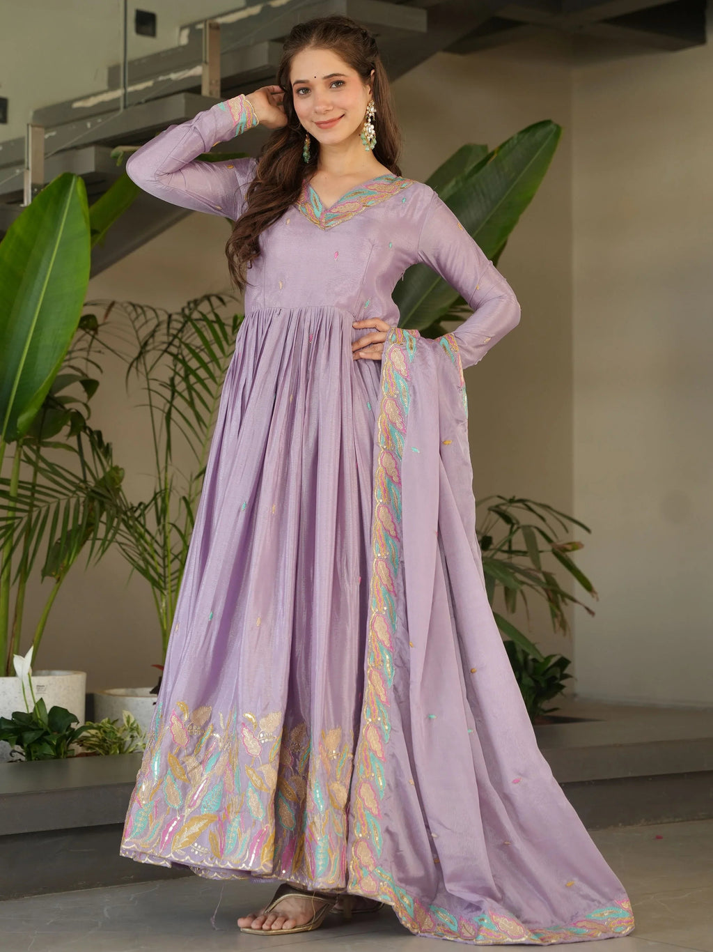 Lavender chinnon gown with sequins and multithread embroidery and dupatta