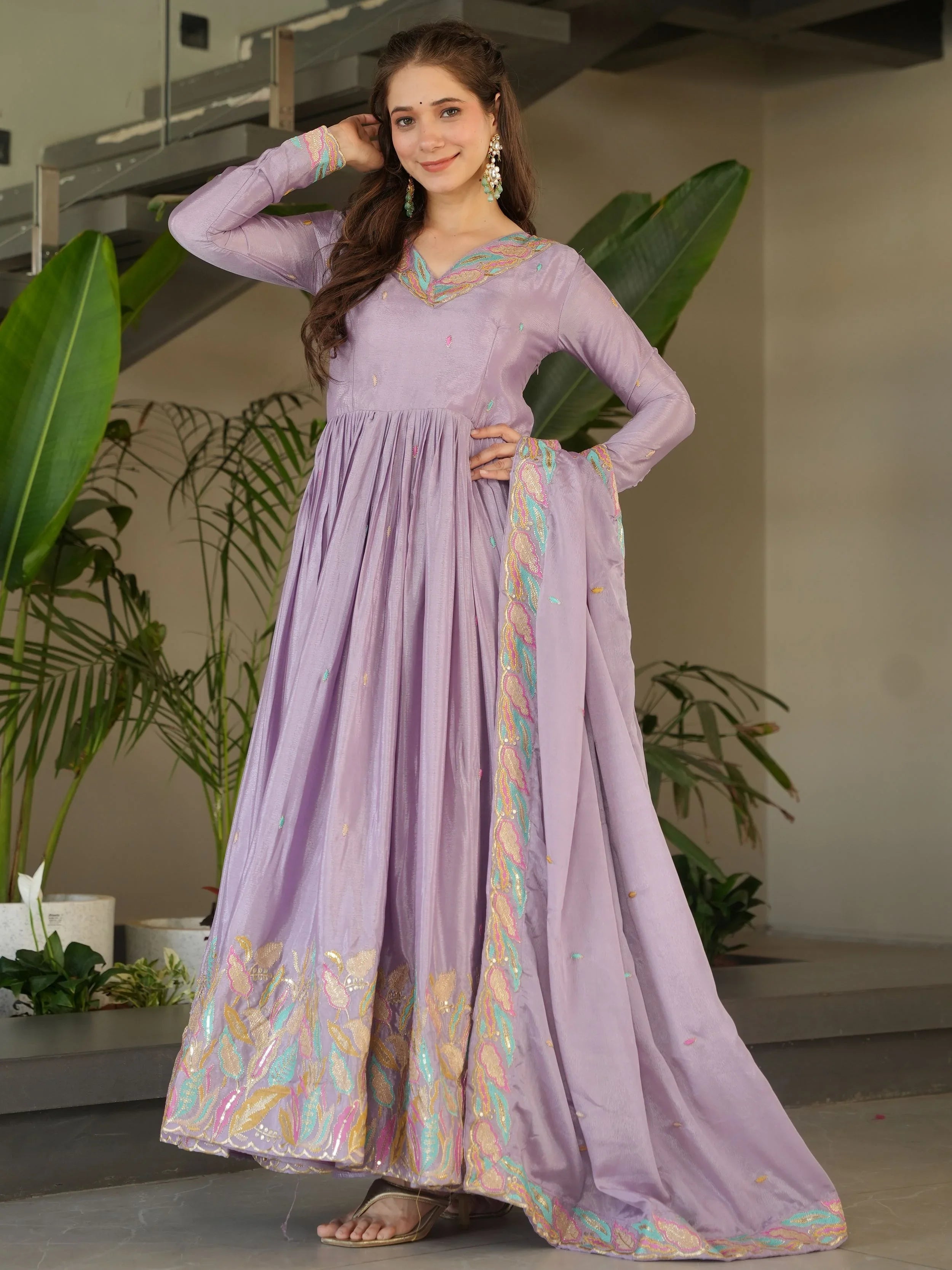 Lavender chinnon gown with sequins and multithread embroidery and dupatta