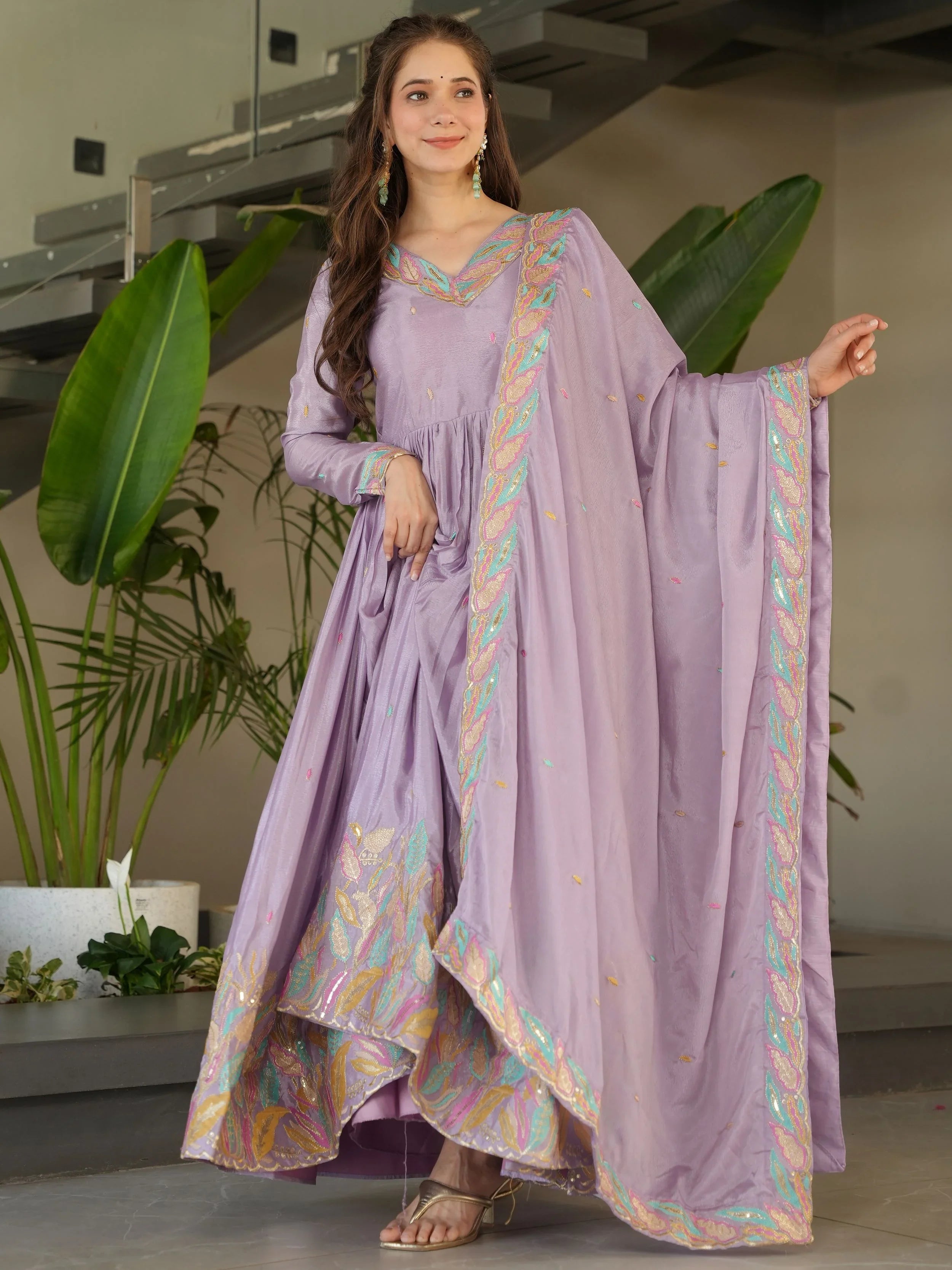 Lavender chinnon gown with sequins and multithread embroidery and dupatta