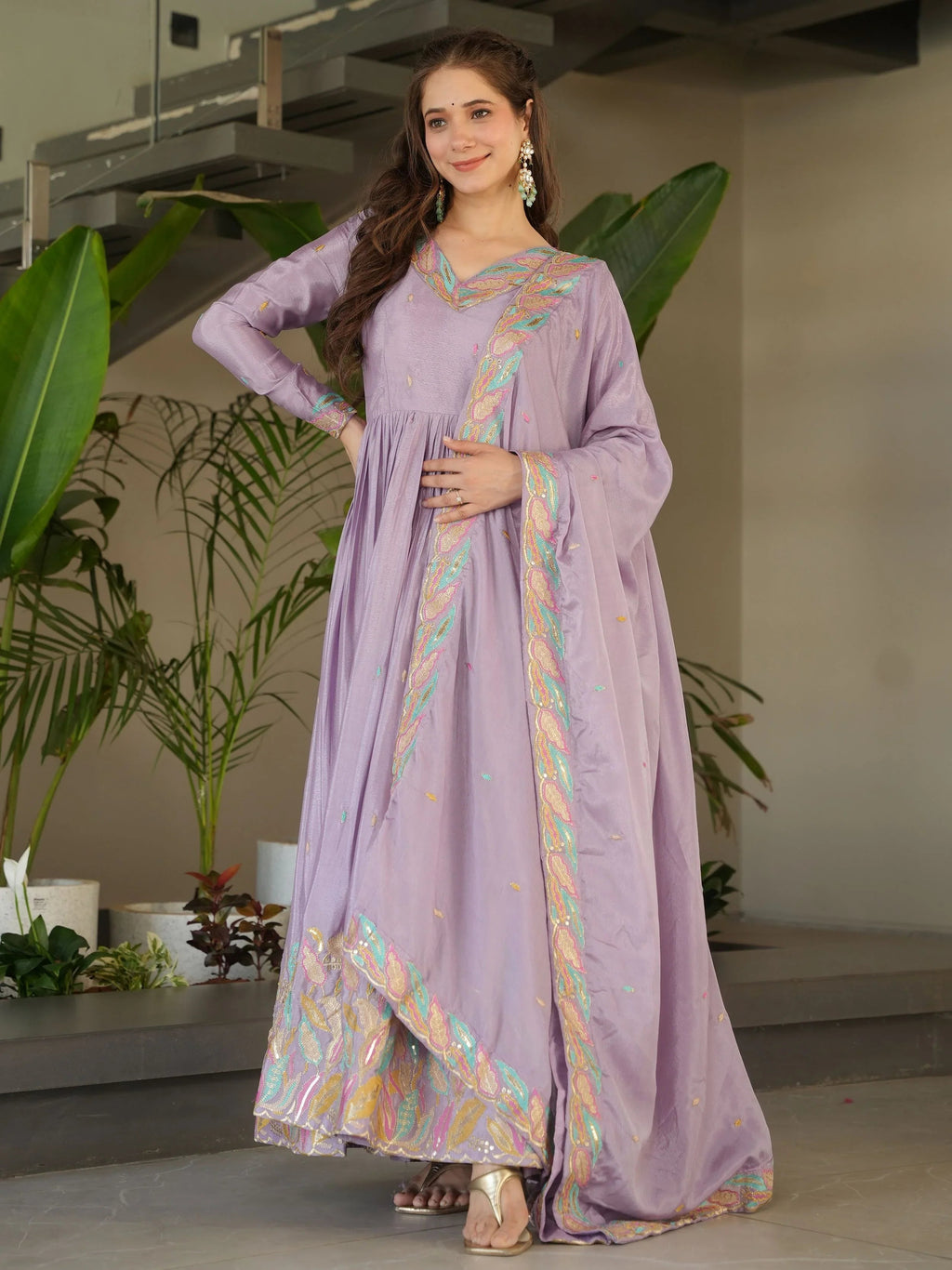Lavender chinnon gown with sequins and multithread embroidery and dupatta