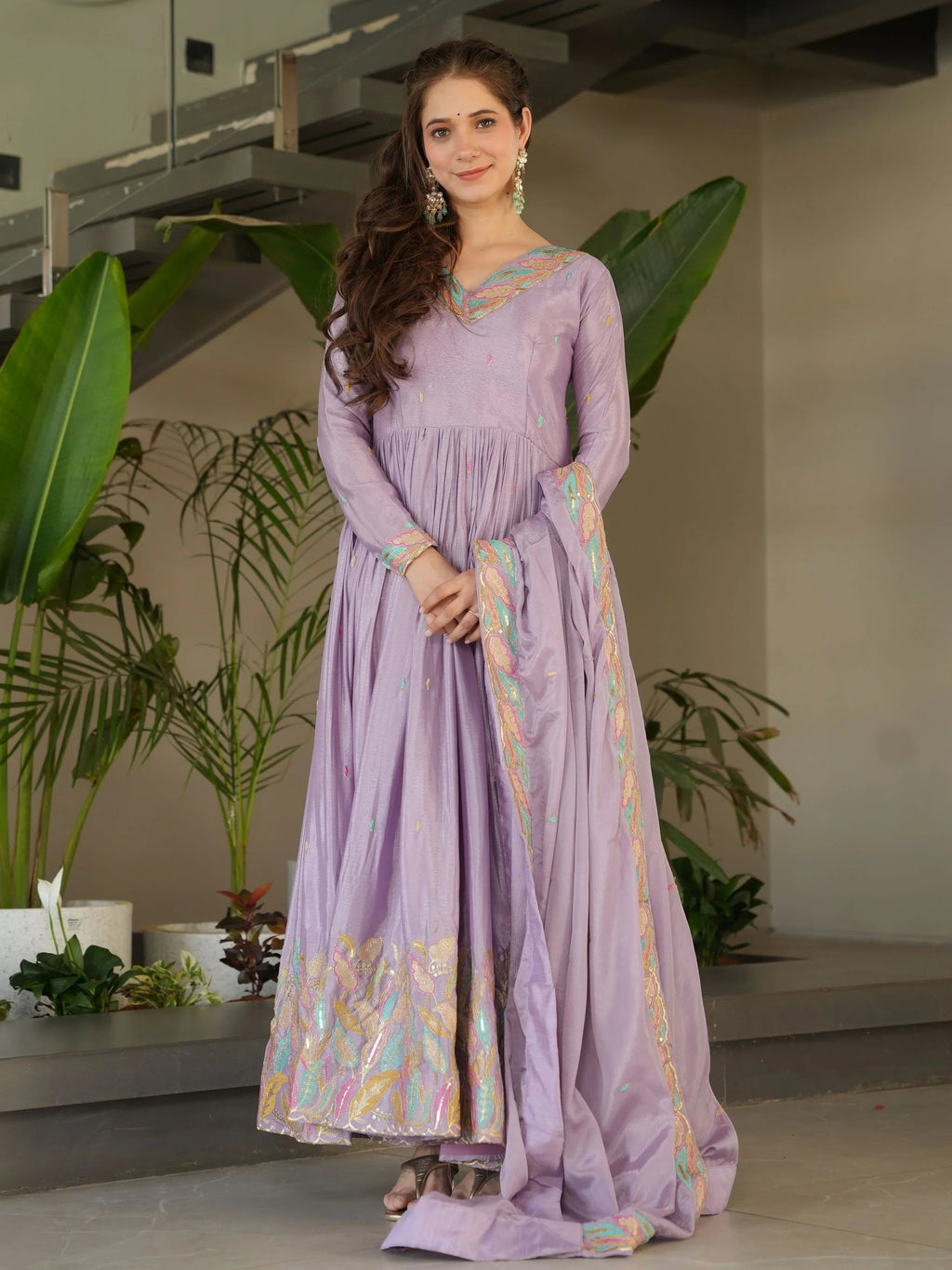 Lavender chinnon gown with sequins and multithread embroidery and dupatta