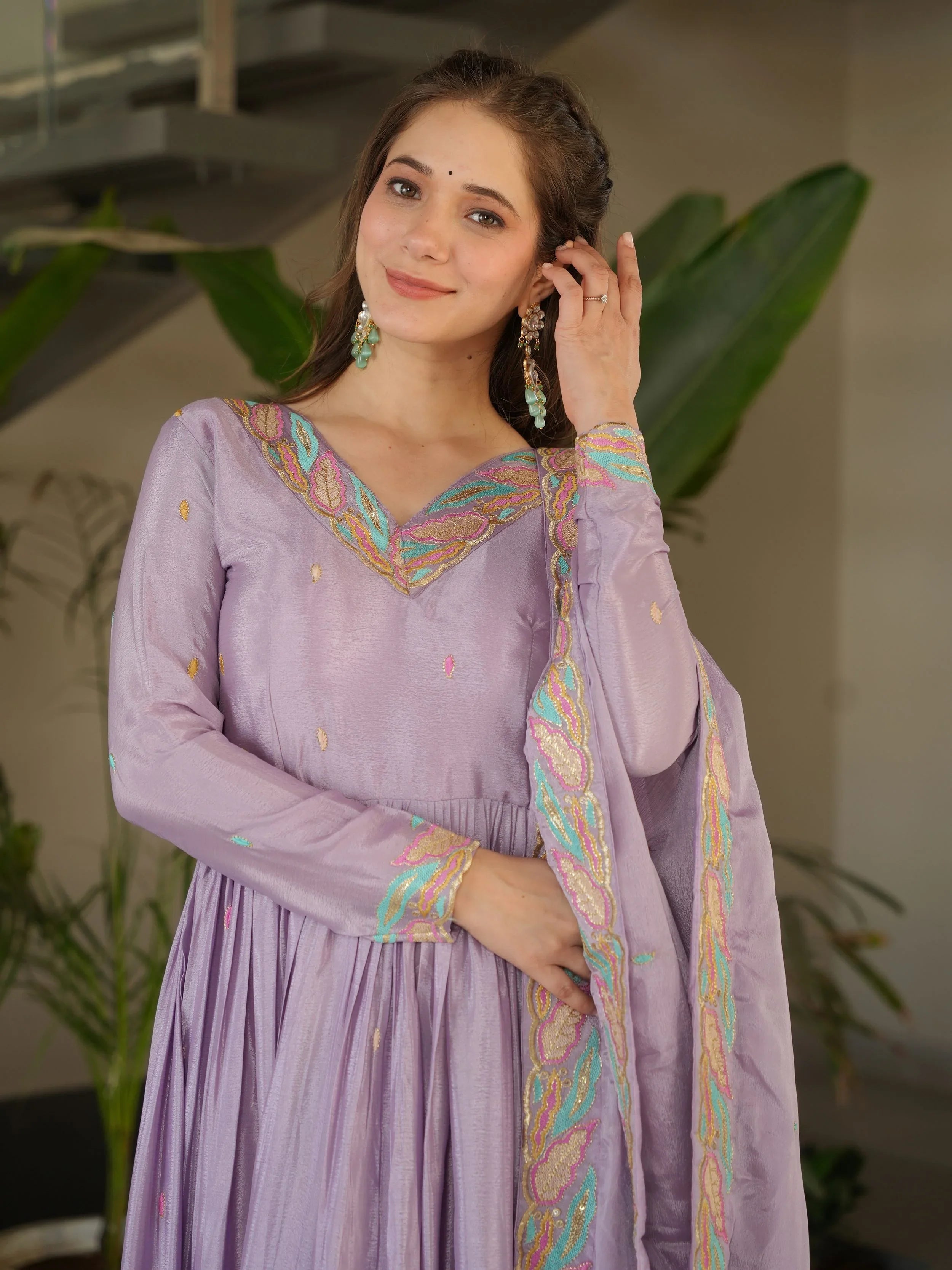 Lavender chinnon gown with sequins and multithread embroidery and dupatta