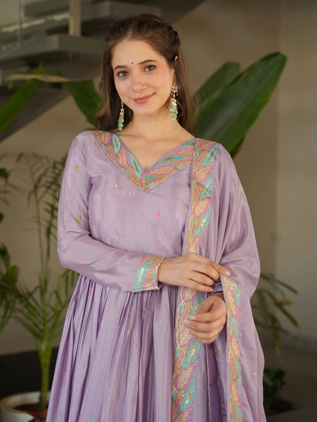 Lavender chinnon gown with sequins and multithread embroidery and dupatta