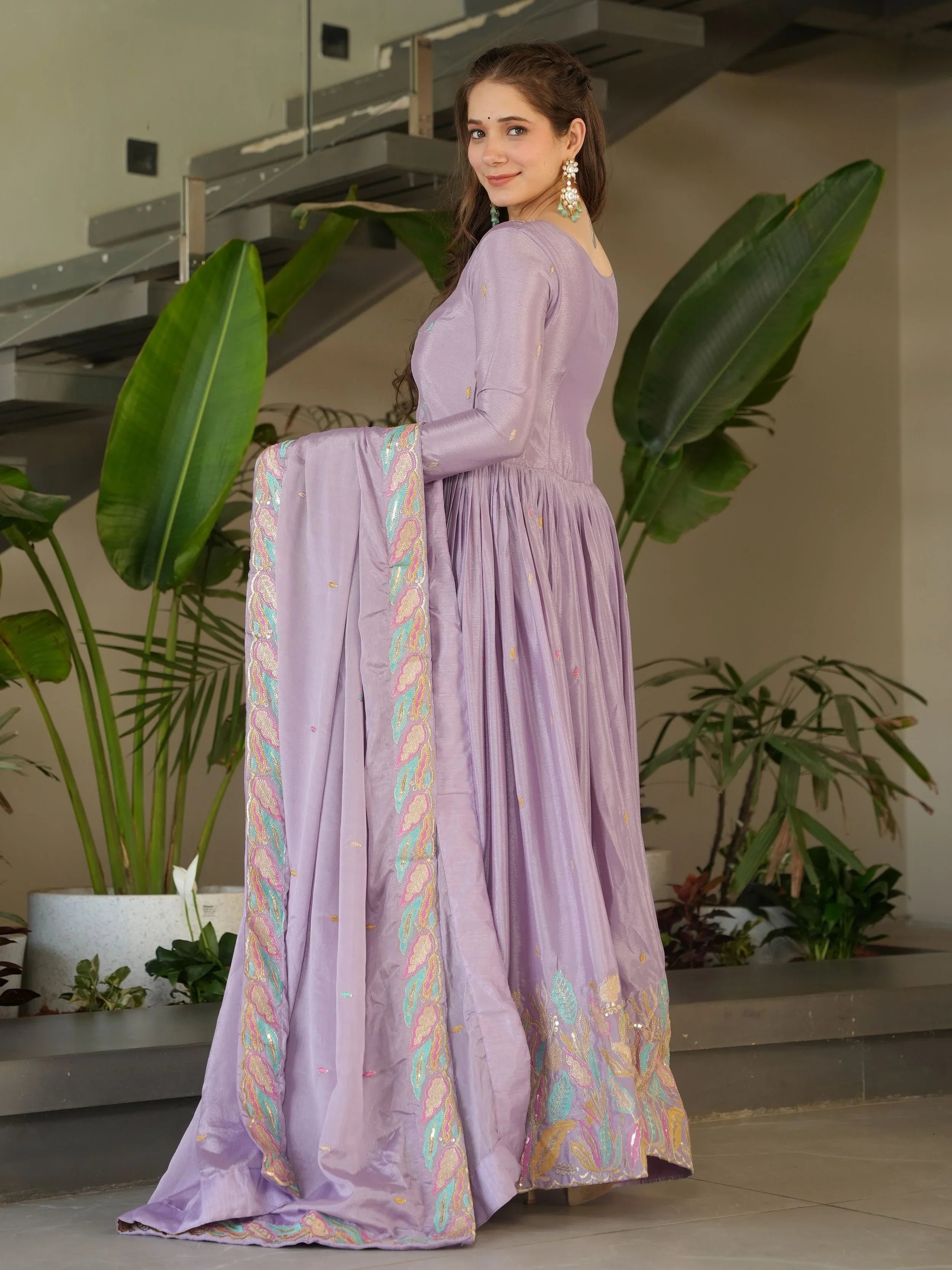 Lavender chinnon gown with sequins and multithread embroidery and dupatta