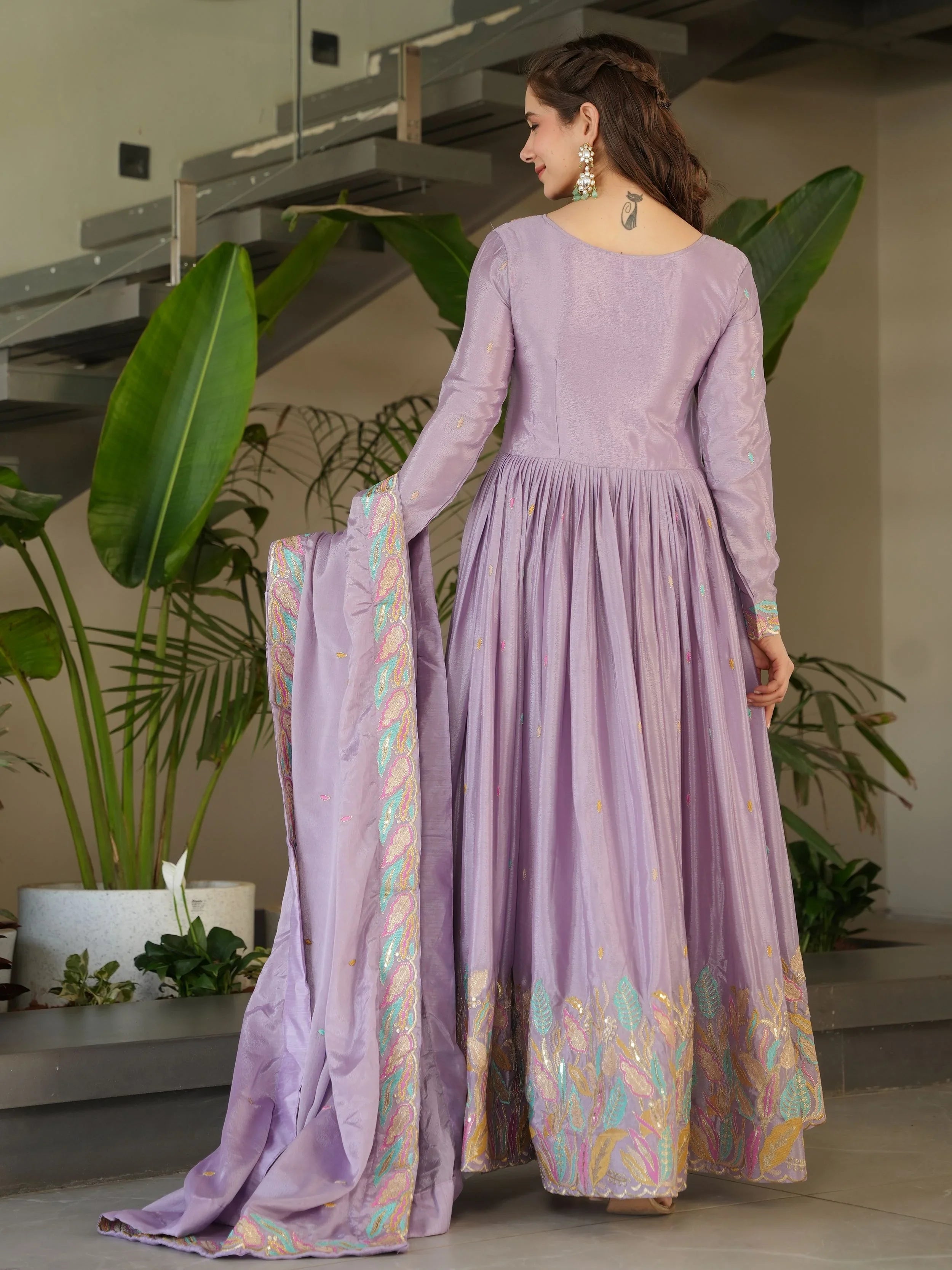 Lavender chinnon gown with sequins and multithread embroidery and dupatta