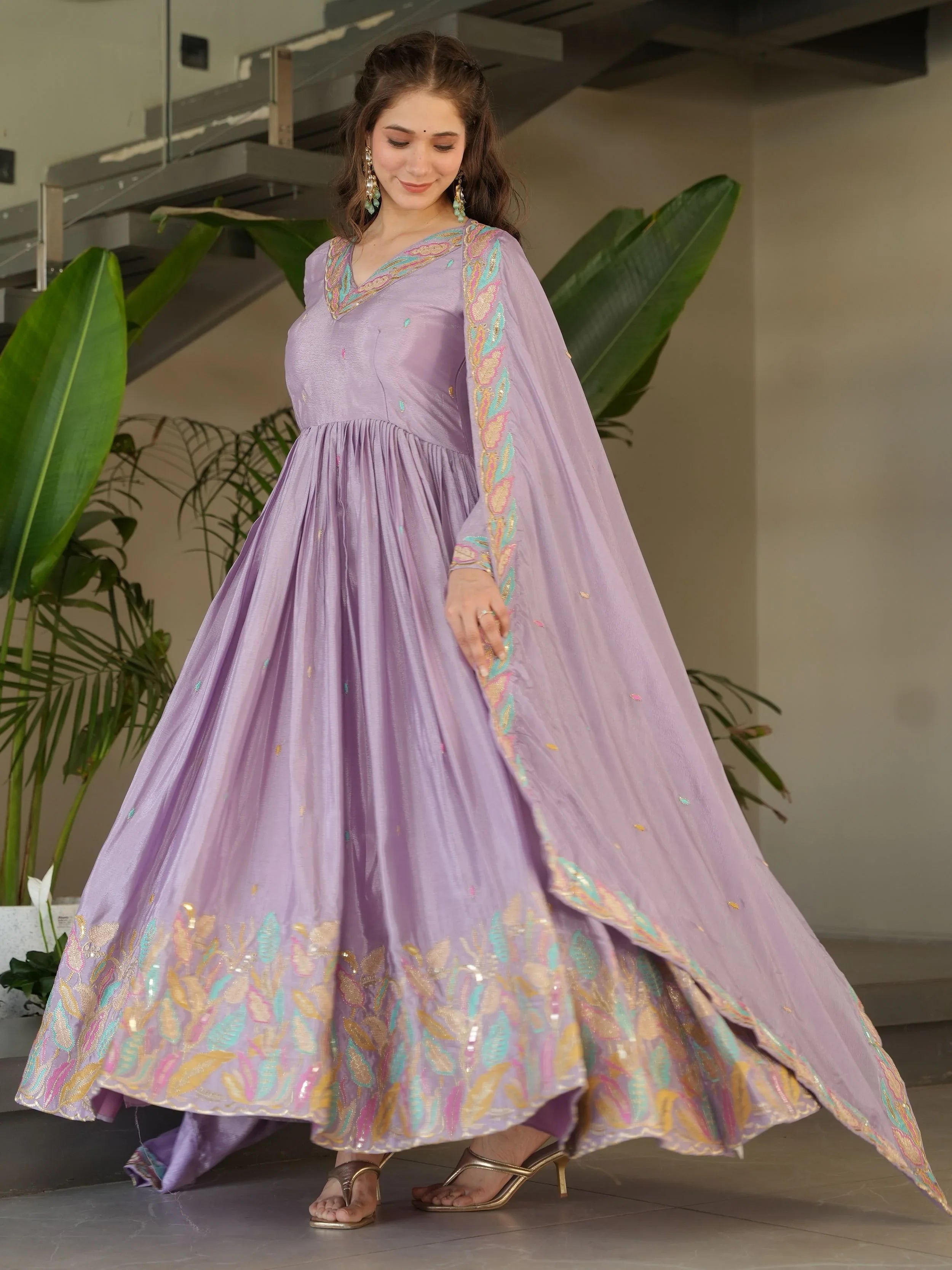 Lavender chinnon gown with sequins and multithread embroidery and dupatta
