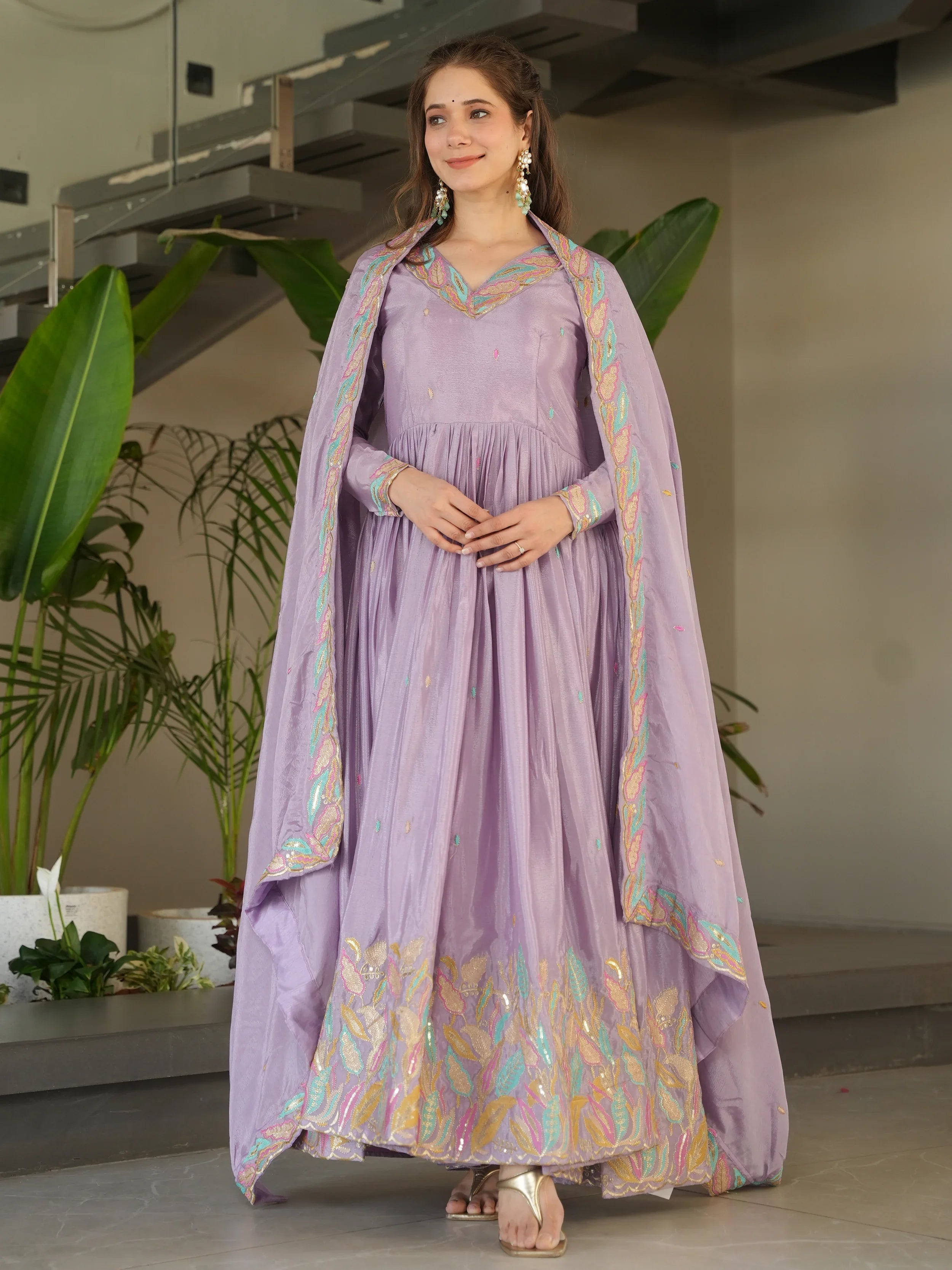 Lavender chinnon gown with sequins and multithread embroidery and dupatta