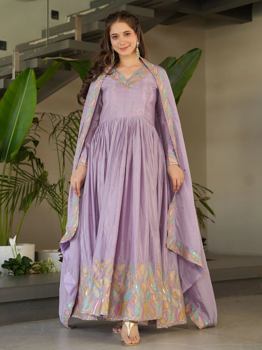 Lavender chinnon gown with sequins and multithread embroidery and dupatta